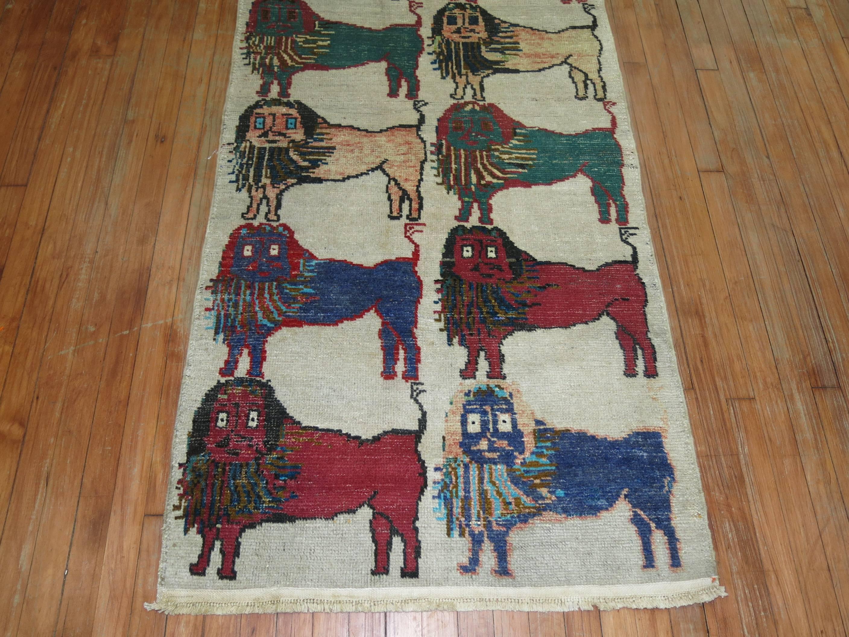 Hand-Knotted Vintage Turkish Pictorial Lion Small Size Runner