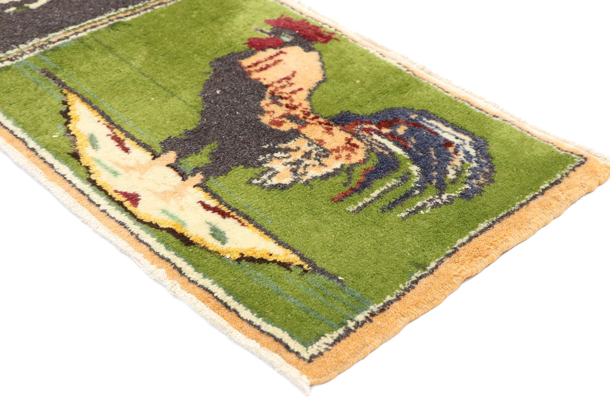 53483, vintage Turkish Pictorial rug with animals and Folk Art French Country style 01'06 x 06'11. Folk Art meets French Country style in this vibrant hand-knotted wool vintage Turkish pictorial rug. The abrashed field features a color-blocked field