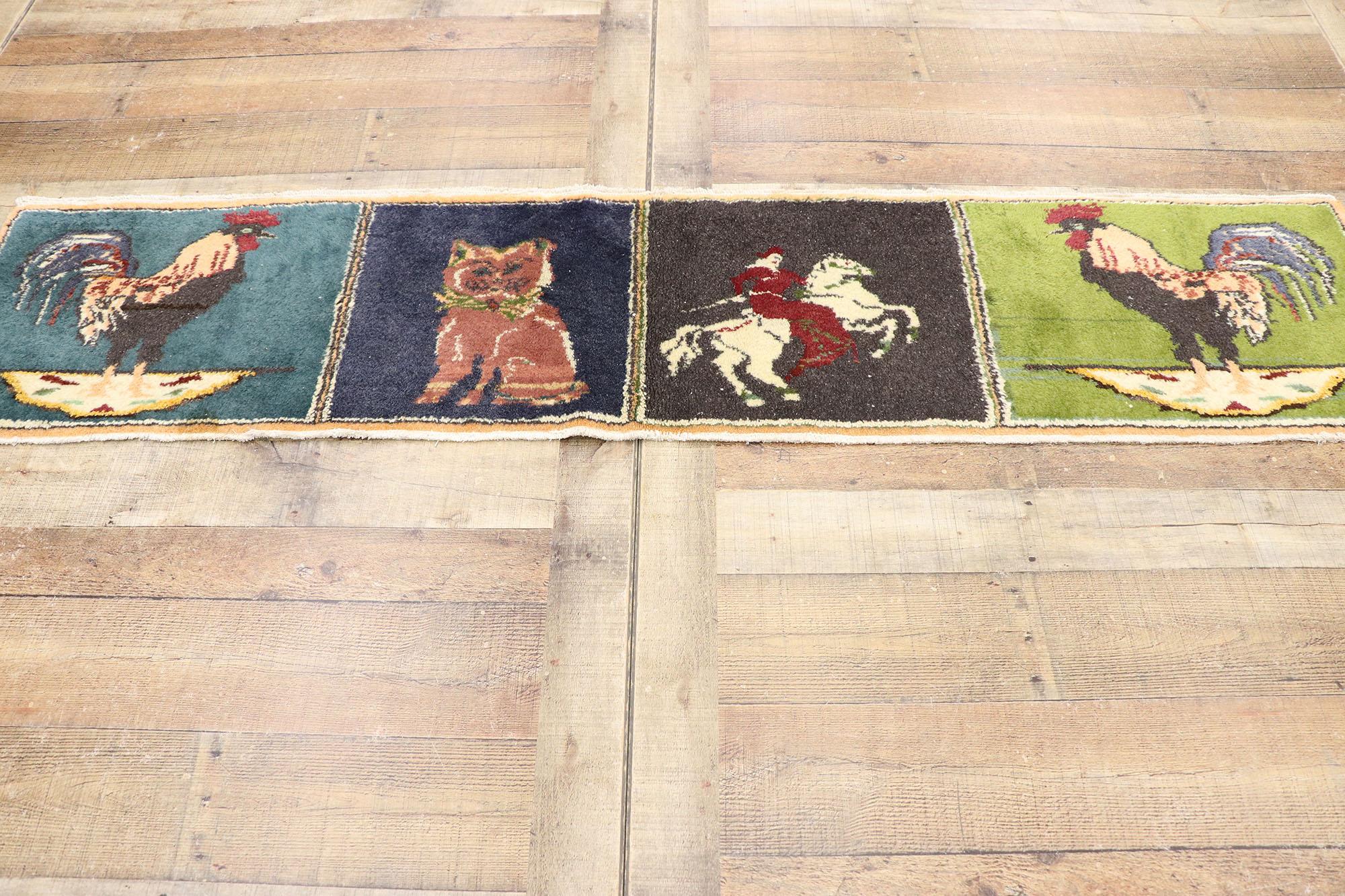 Wool Vintage Turkish Pictorial Rug with Animals and Folk Art French Country Style For Sale