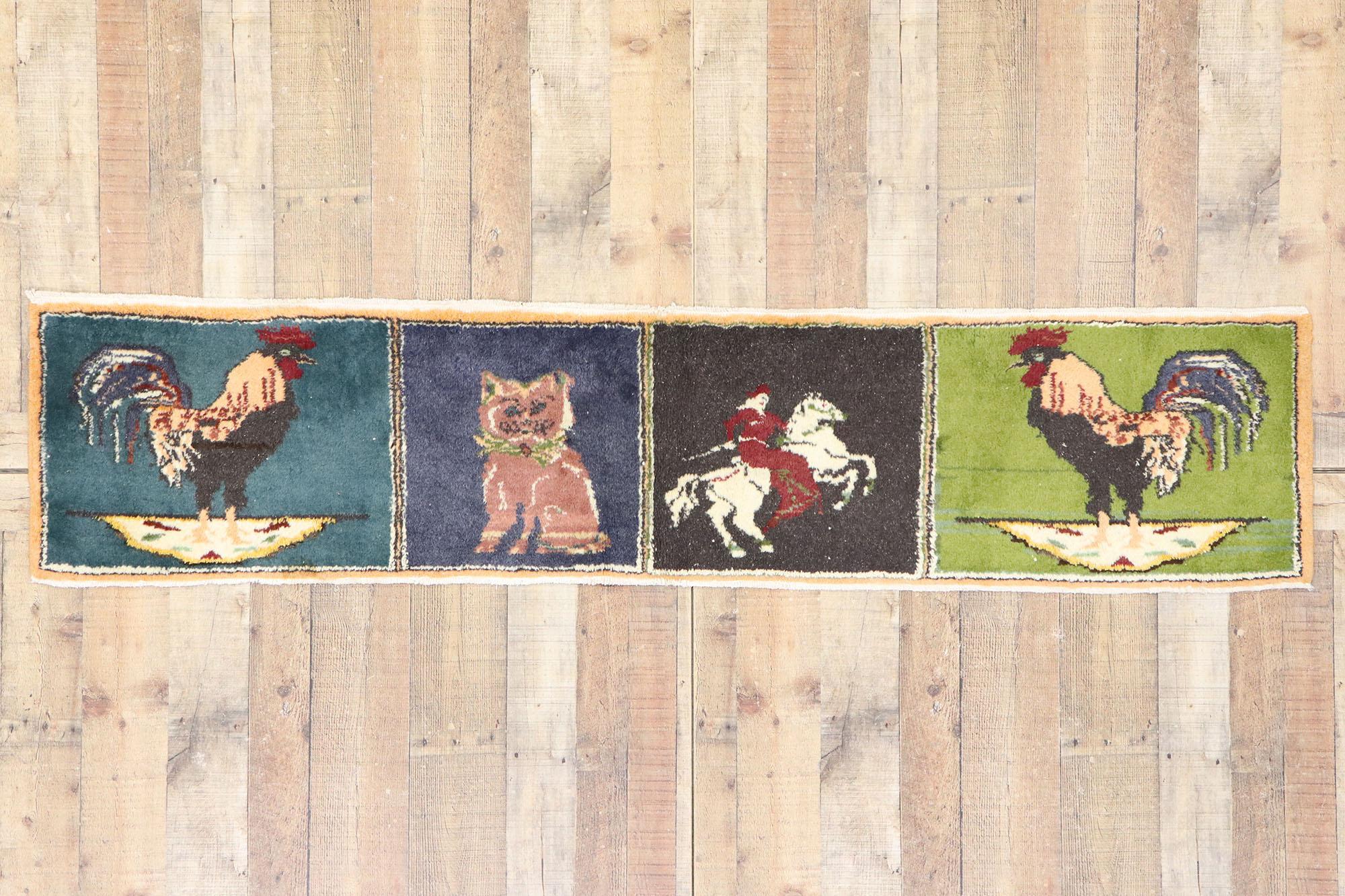 Türkischer Vintage-Bilderteppich im französischen Landhausstil mit Tieren und Volkskunst im Angebot 2