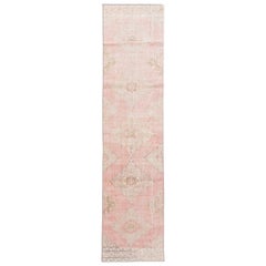 Antique Turkish Pink and Beige Handmade Medallion Floral Wool Runner