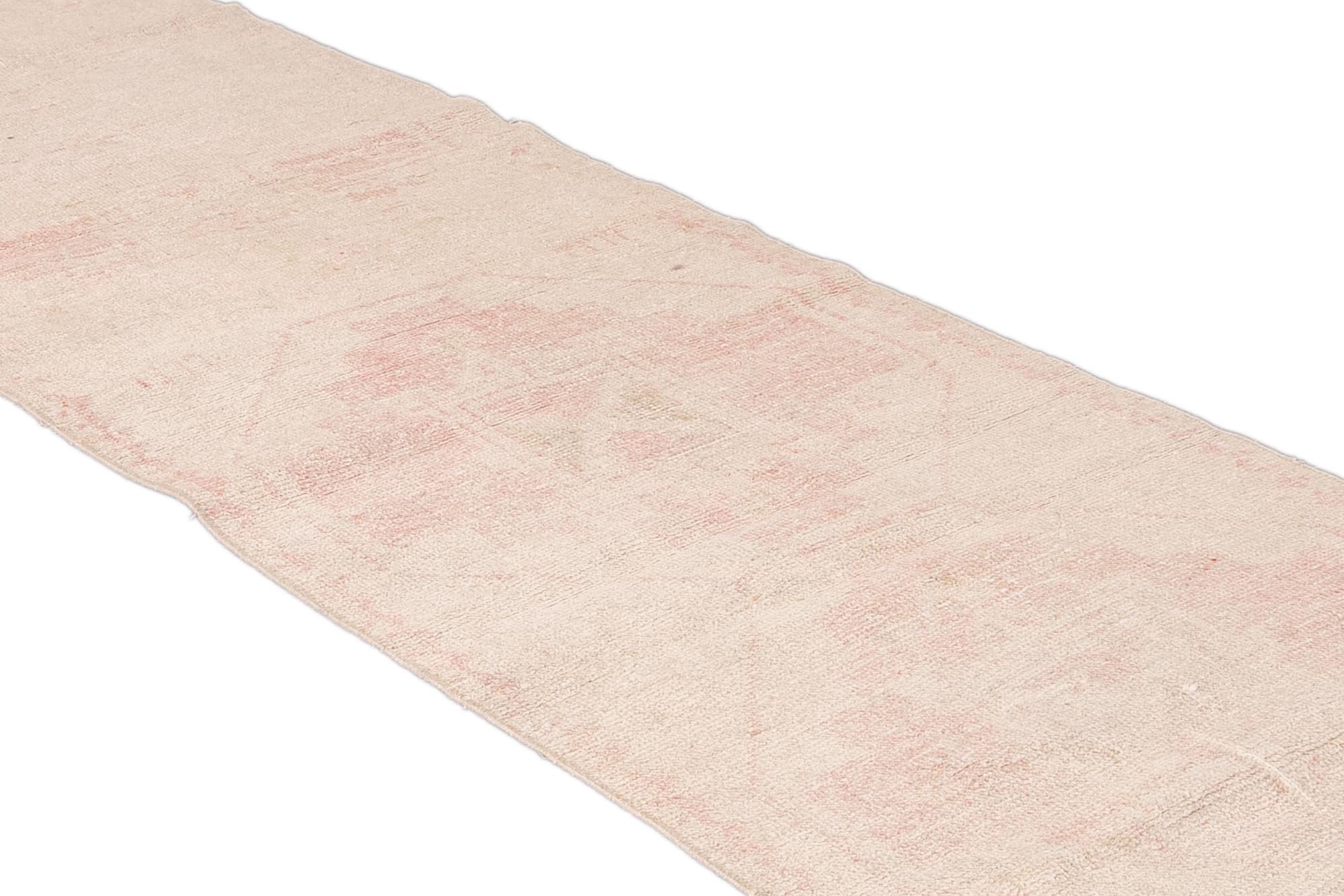 Vintage Turkish Pink and Beige Handmade Tribal Wool Runner In Distressed Condition For Sale In Norwalk, CT