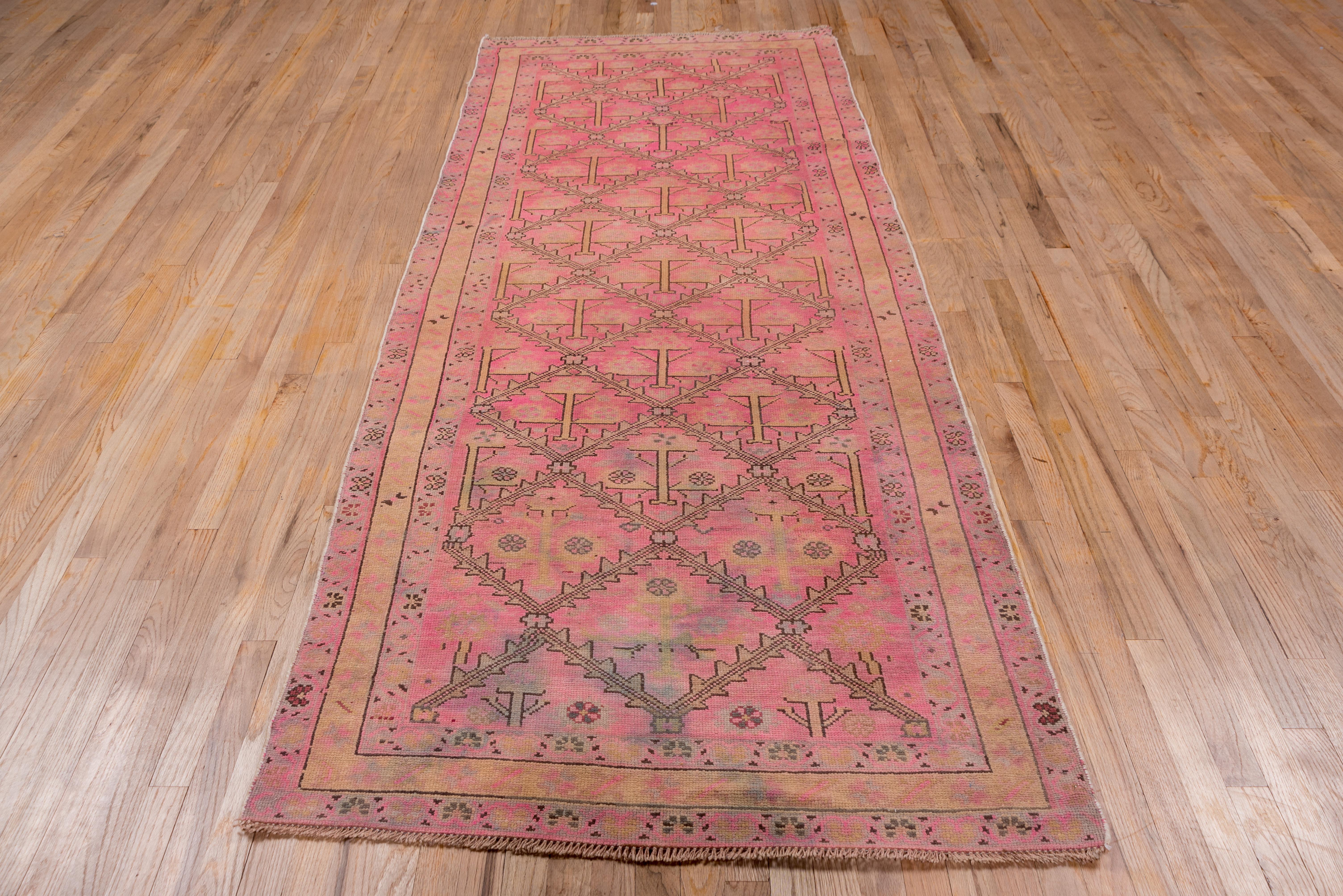 Hand-Knotted Vintage Turkish Pink Sivas Wide Runner Rug, All-Over Field For Sale