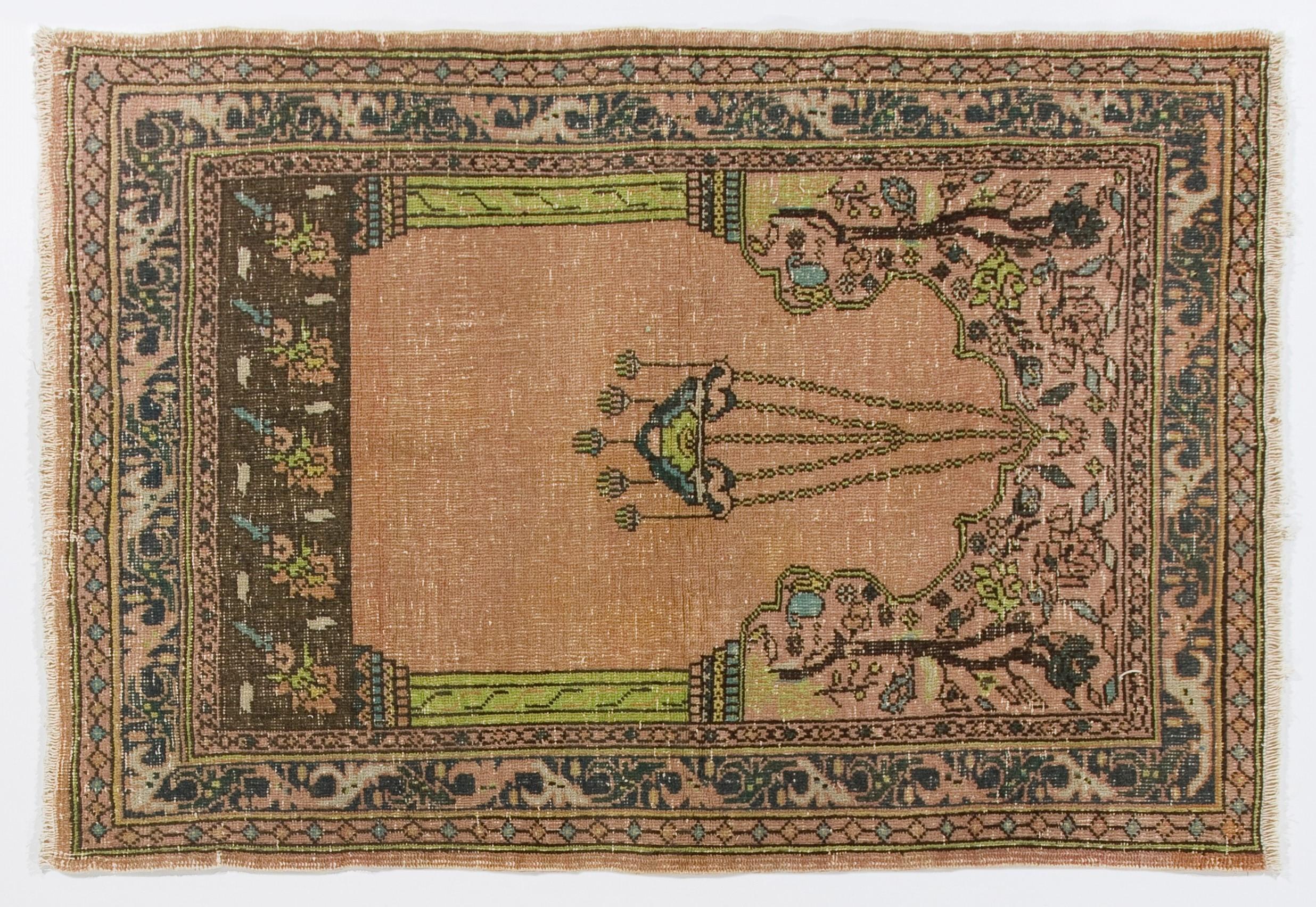 Hand-Knotted Vintage Turkish Prayer Rug Depicting a Chandelier, Couple of Columns and Flowers