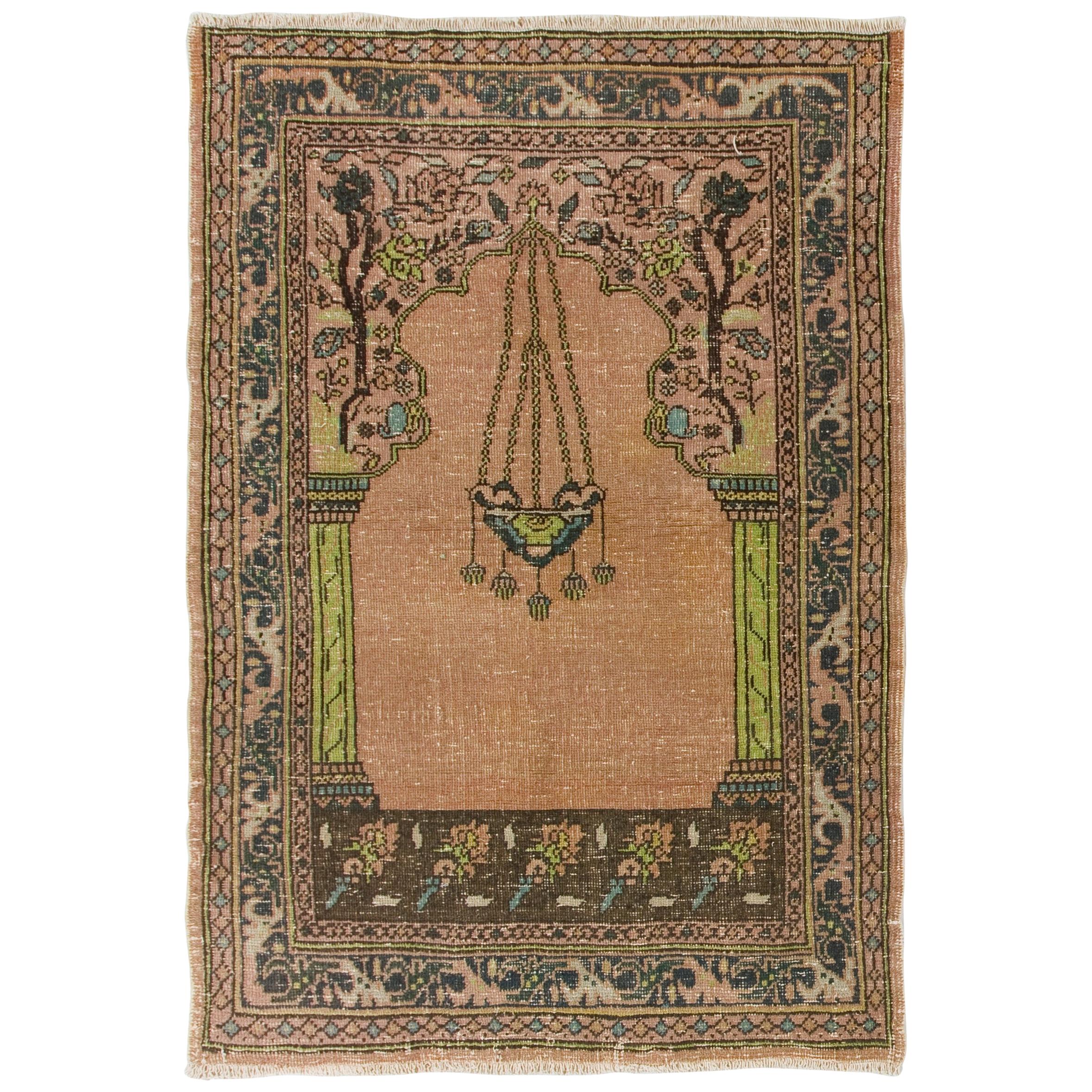 Vintage Turkish Prayer Rug Depicting a Chandelier, Couple of Columns and Flowers