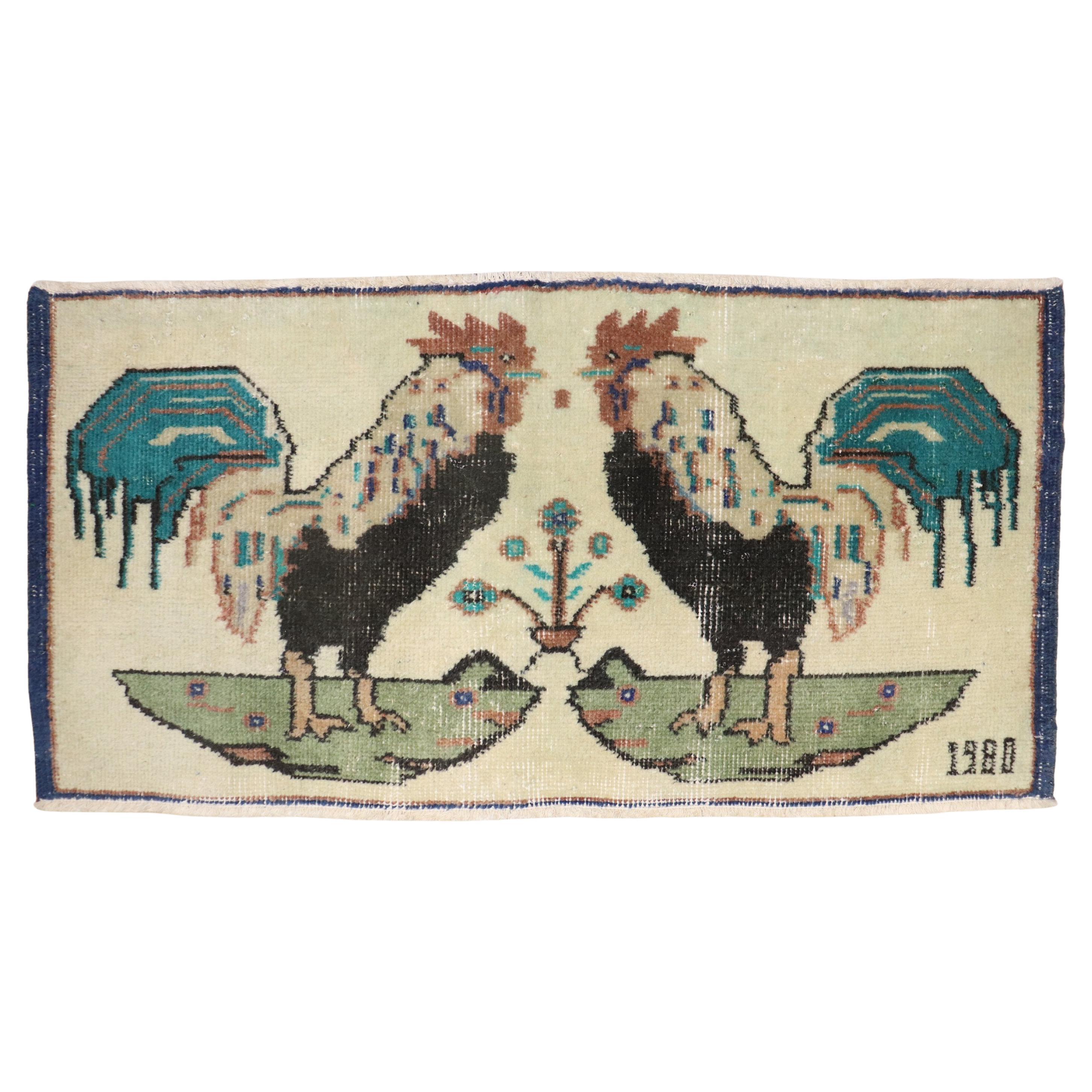 Double Rooster Vintage Turkish Rug For Sale at 1stDibs
