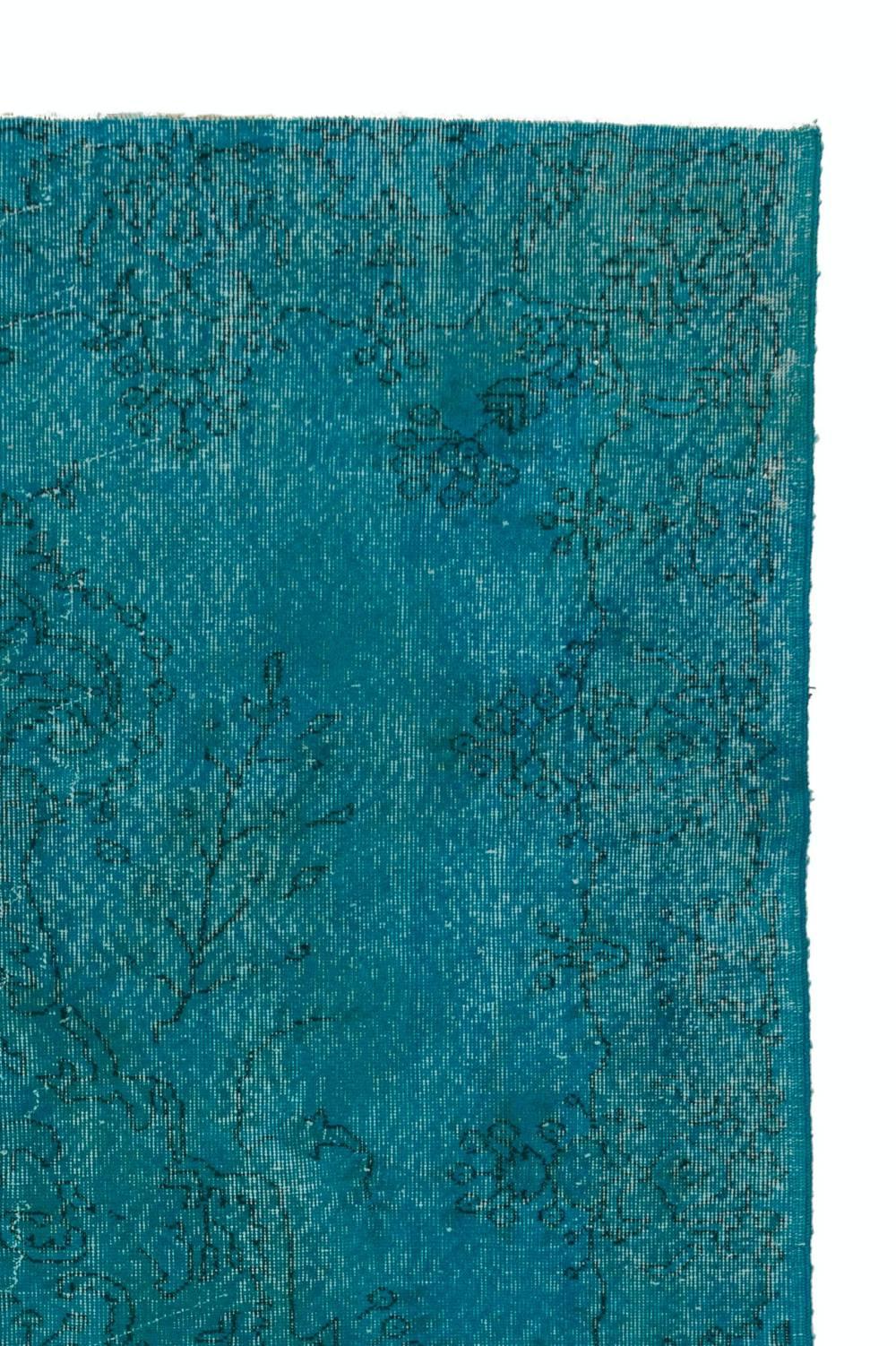 Modern 6x9.4 Ft Vintage Turkish Rug, Medallion Design Over-Dyed in Turquoise Blue Color