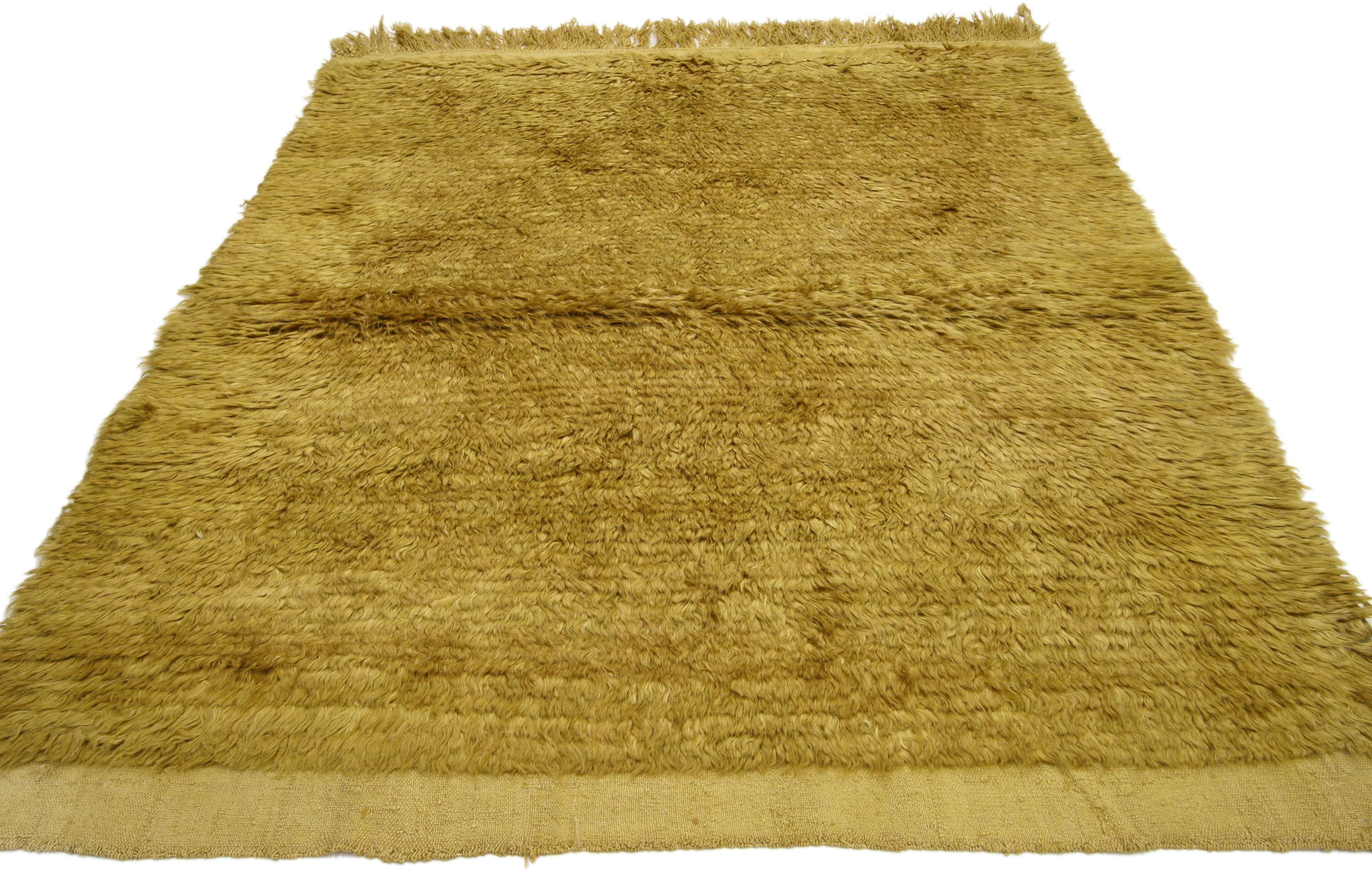 73979, Mid-Century Modern style vintage Turkish rug, Angora wool. This vintage Turkish rug is made of angora wool rendered in variegated shades of goldenrod, saffron, brass, golden Tuscan sun, granola, biscotti and fawn. This hand-knotted angora