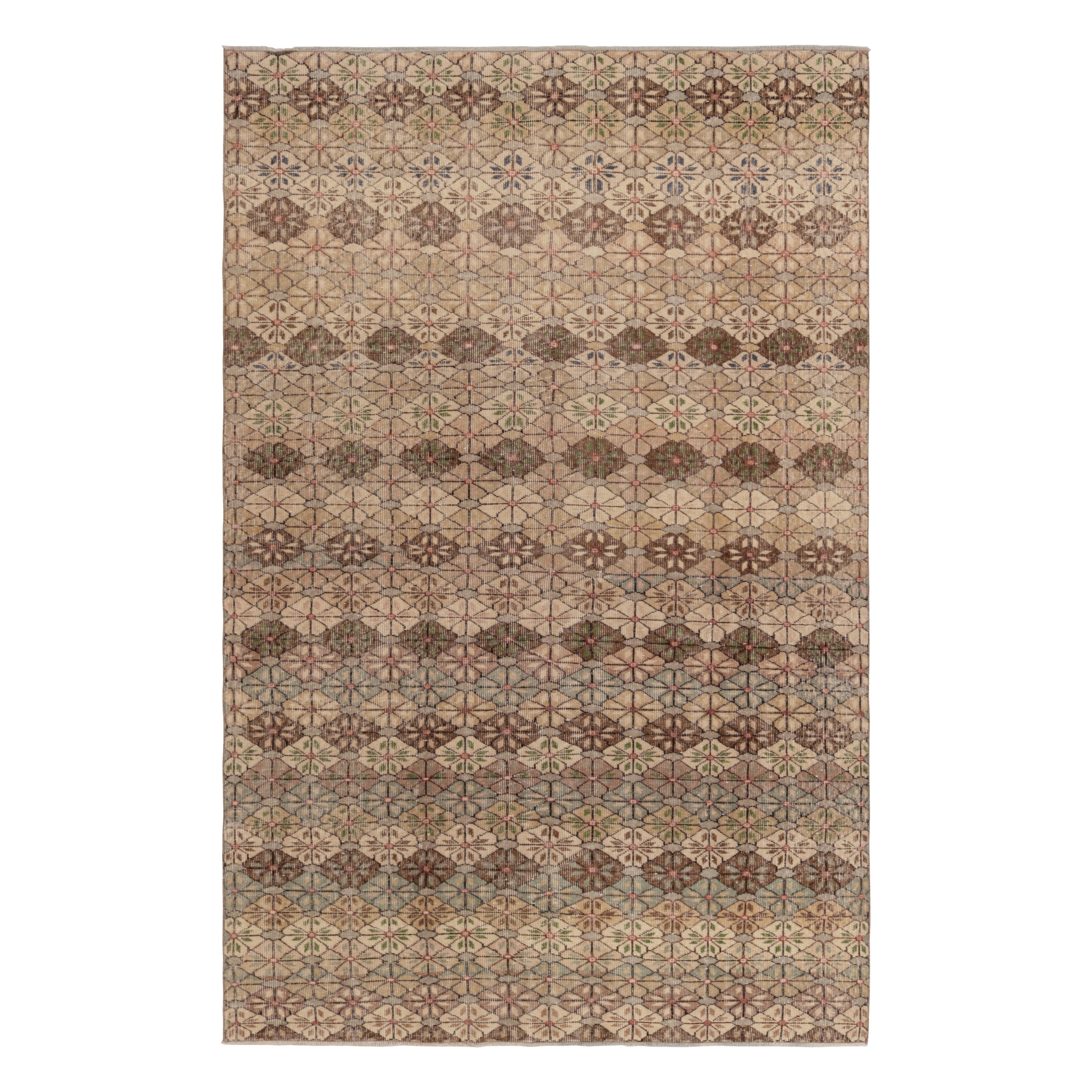 Türkischer Vintage-Teppich, Beige-Braun und Blau Geometrisches Blumenmuster - Rug & Kilim