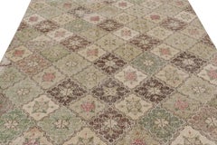 Vintage Turkish Rug, Beige-Brown with Green Geometric Floral Design -Rug & Kilim
