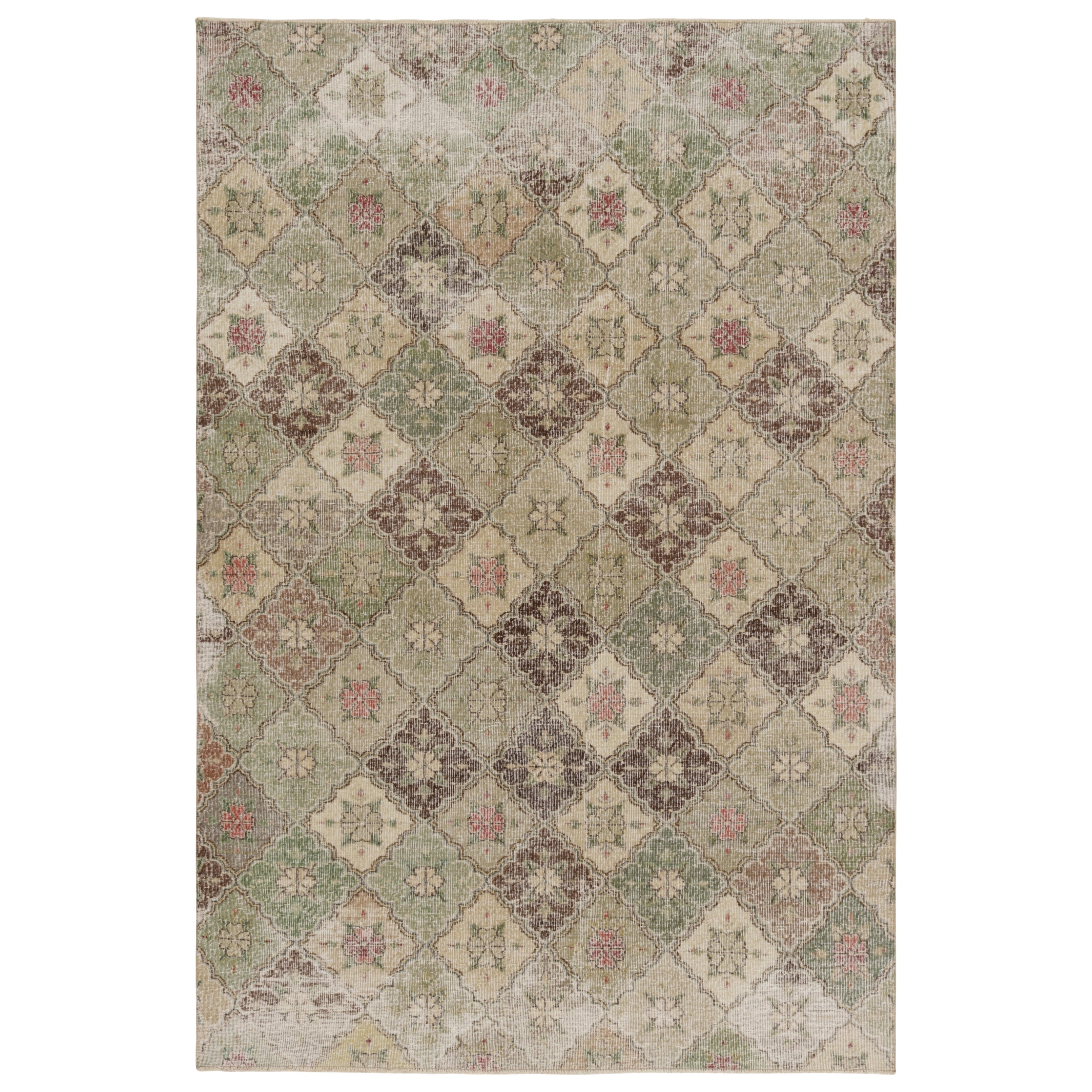 Tappeto turco vintage, beige-marrone con disegni floreali geometrici verdi -Rug & Kilim