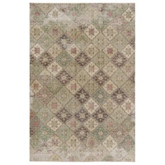 Tappeto turco vintage, beige-marrone con disegni floreali geometrici verdi -Rug & Kilim