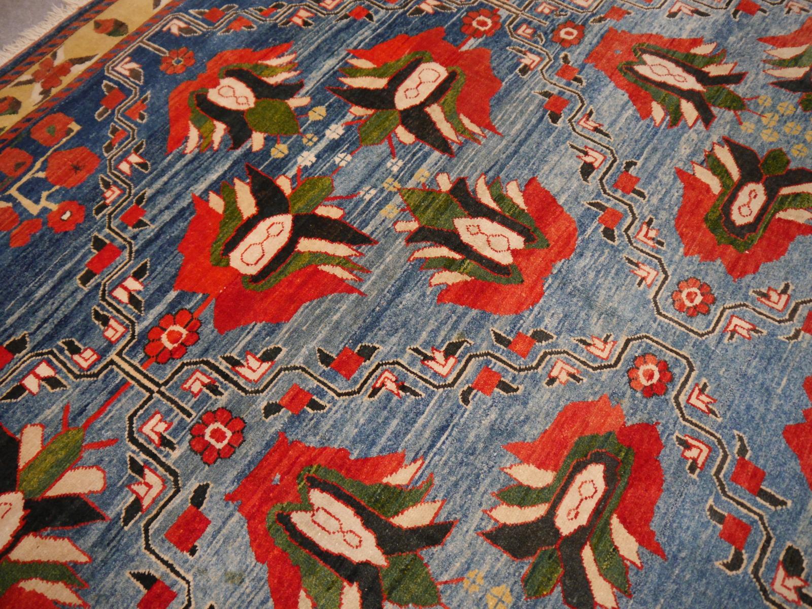 Vintage Turkish Rug Light Blue Azeri Heriz Carpet with Lotus and Tulips in Red  1