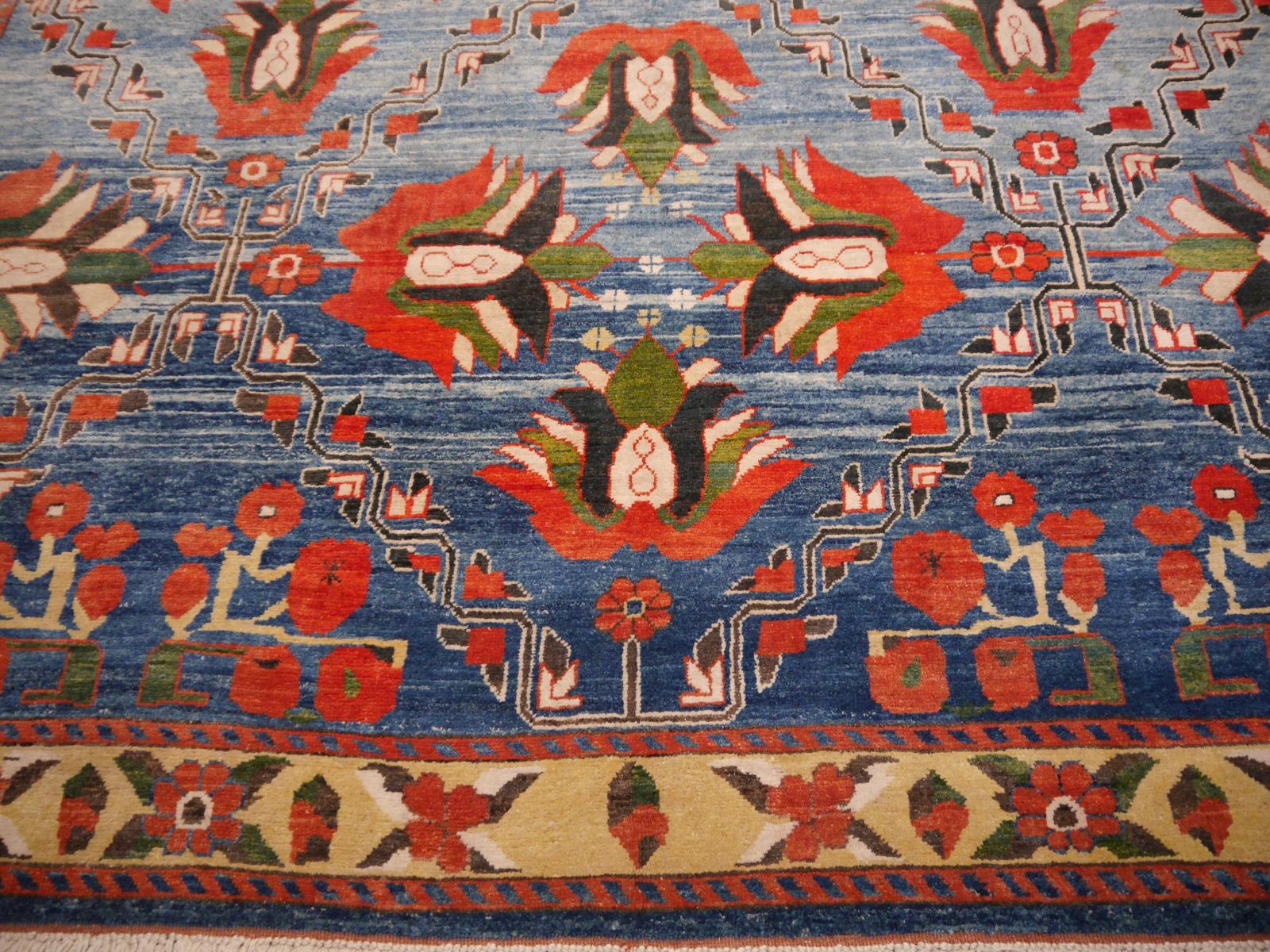 Vintage Turkish Rug Light Blue Azeri Heriz Carpet with Lotus and Tulips in Red  2