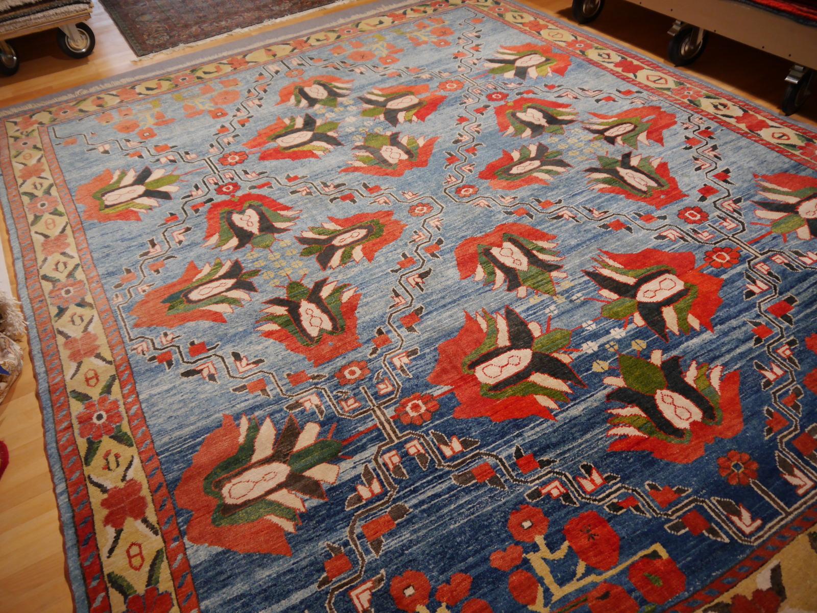 Vintage Turkish Rug Light Blue Azeri Heriz Carpet with Lotus and Tulips in Red  3