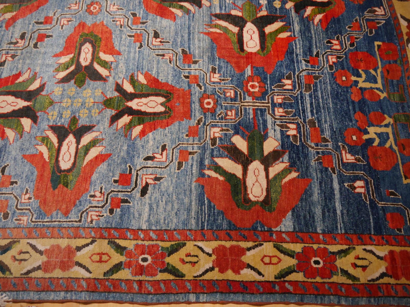 Vintage Turkish Rug Light Blue Azeri Heriz Carpet with Lotus and Tulips in Red  4