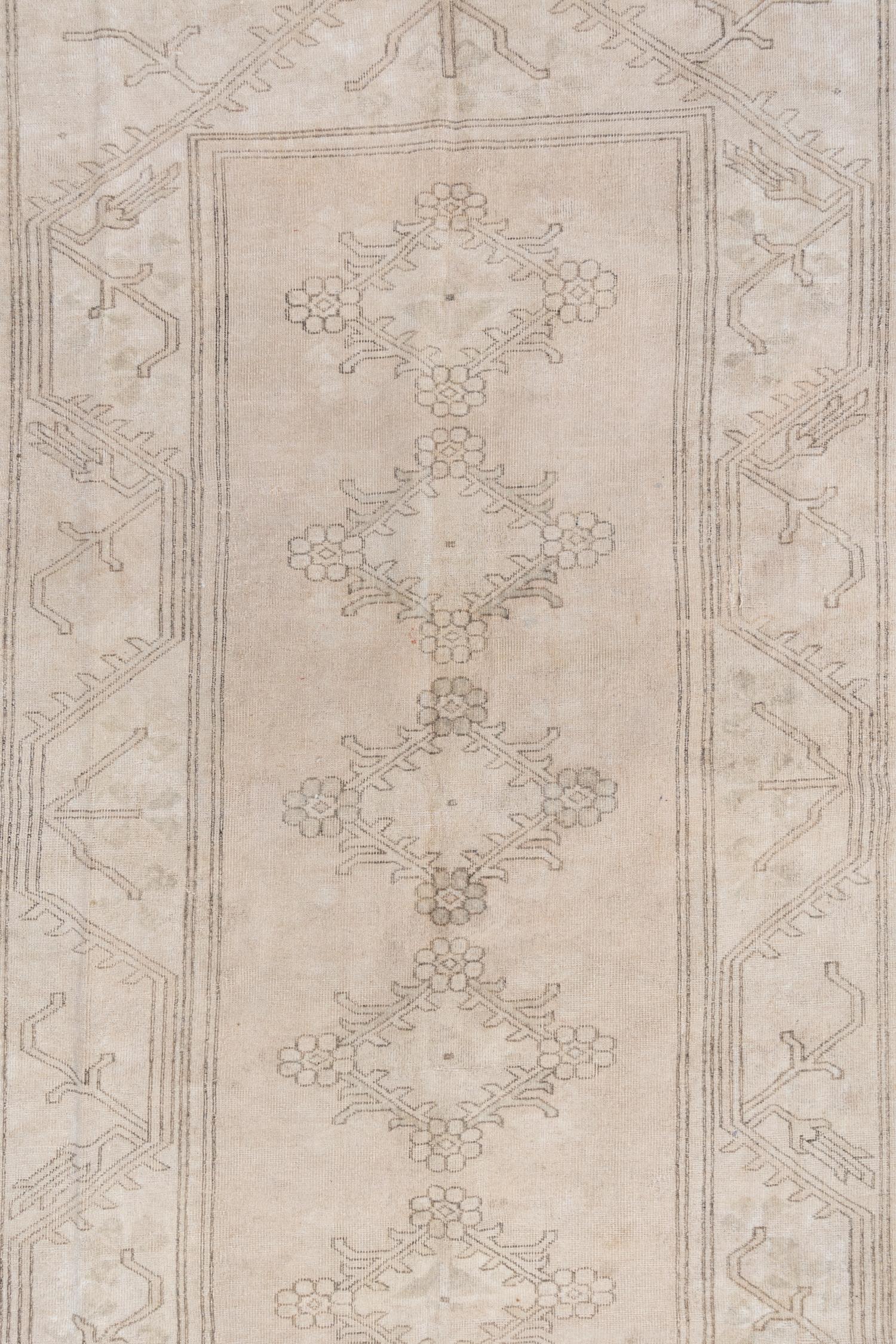 Circa: 1950-1960

Material: Wool on cotton

Wear Guide: 1

Wear Notes:
 Vintage and antique rugs are by nature, pre-loved and may show evidence of their past. There are varying degrees of wear to vintage rugs; some show very little and some