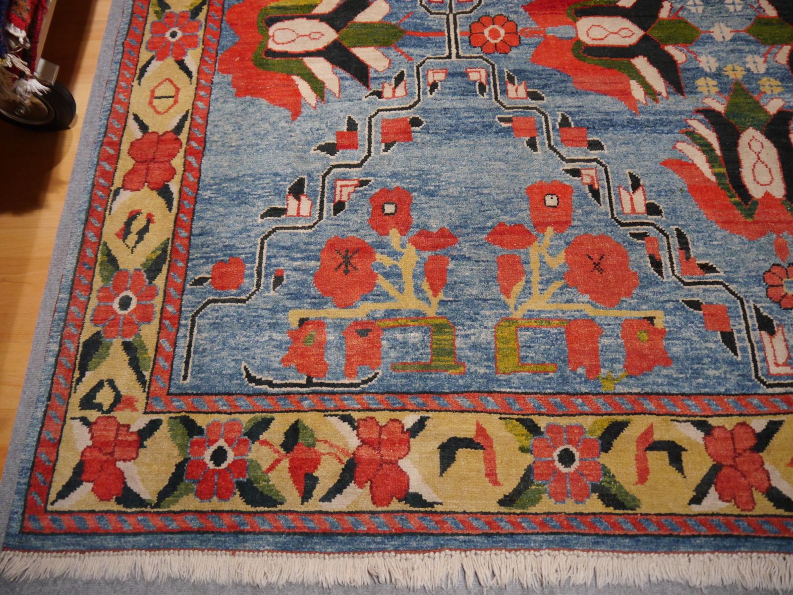 20th Century Vintage Turkish Rug Light Blue Azeri Heriz Carpet with Lotus and Tulips in Red 