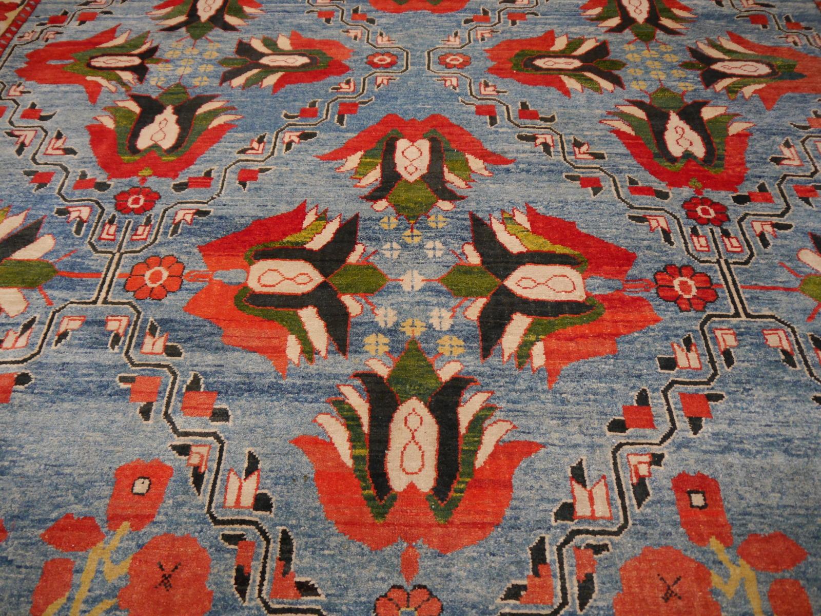 Wool Vintage Turkish Rug Light Blue Azeri Heriz Carpet with Lotus and Tulips in Red 