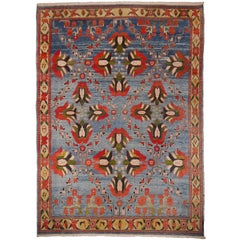 Vintage Turkish Rug Light Blue Azeri Heriz Carpet with Lotus and Tulips in Red