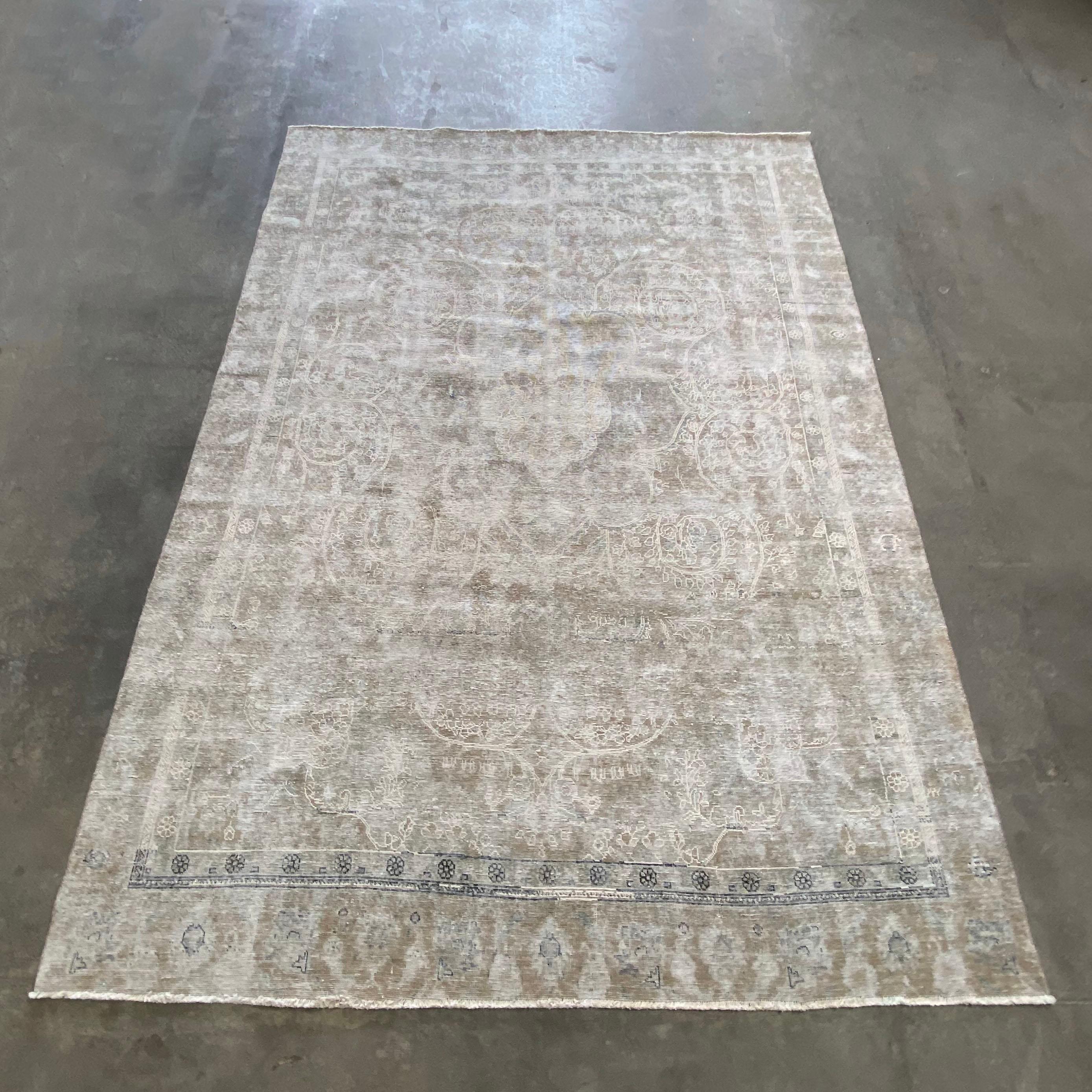 Wool Vintage Turkish Rug in Beige and Gray Blue For Sale