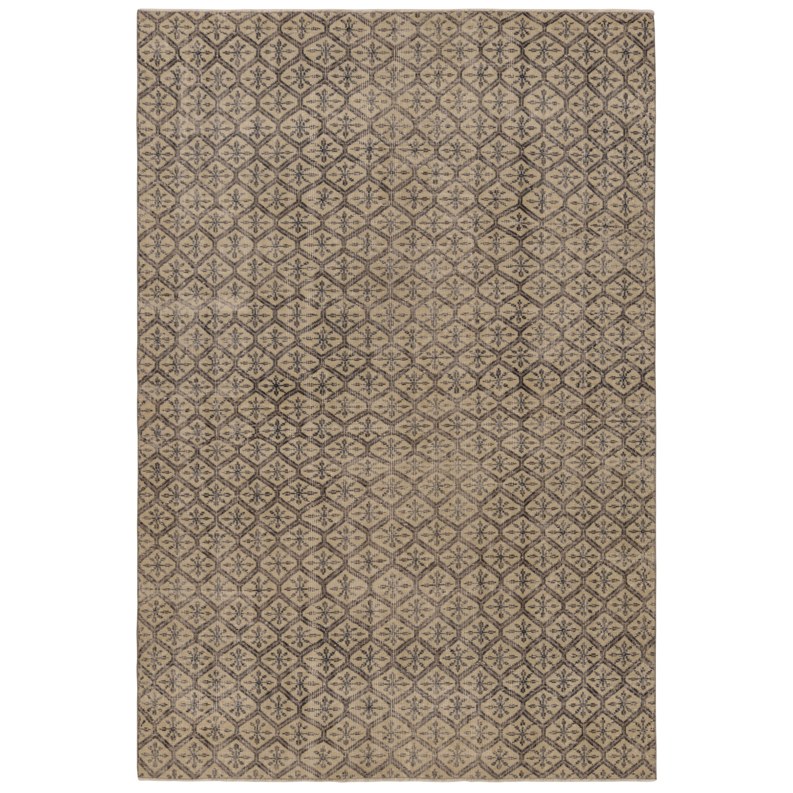 Vintage Turkish Rug in Beige-Brown and Black Diamond Patterns  - Rug & Kilim