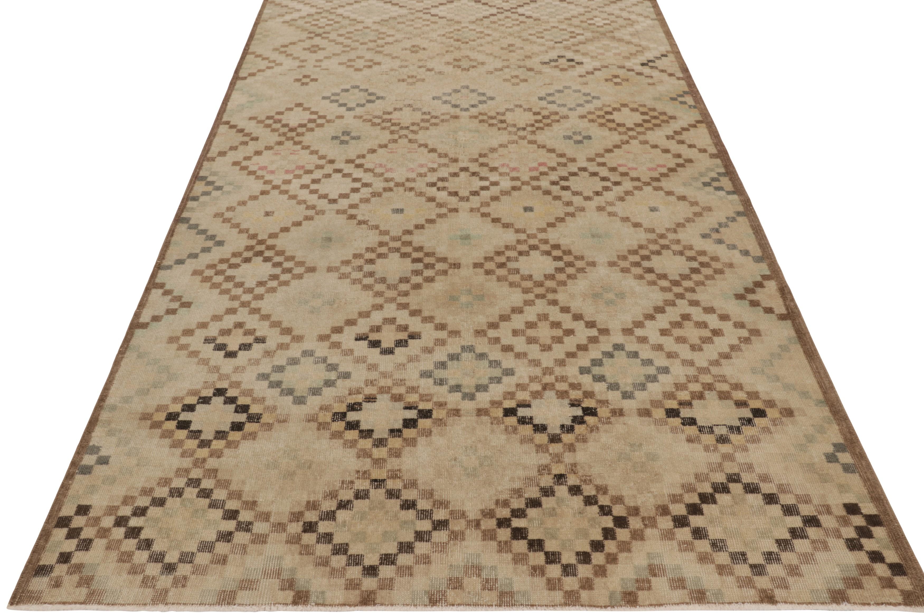 Mid-20th Century Vintage Turkish Rug in Beige-Brown and Cream Diamond Medallions  - Rug & Kilim For Sale