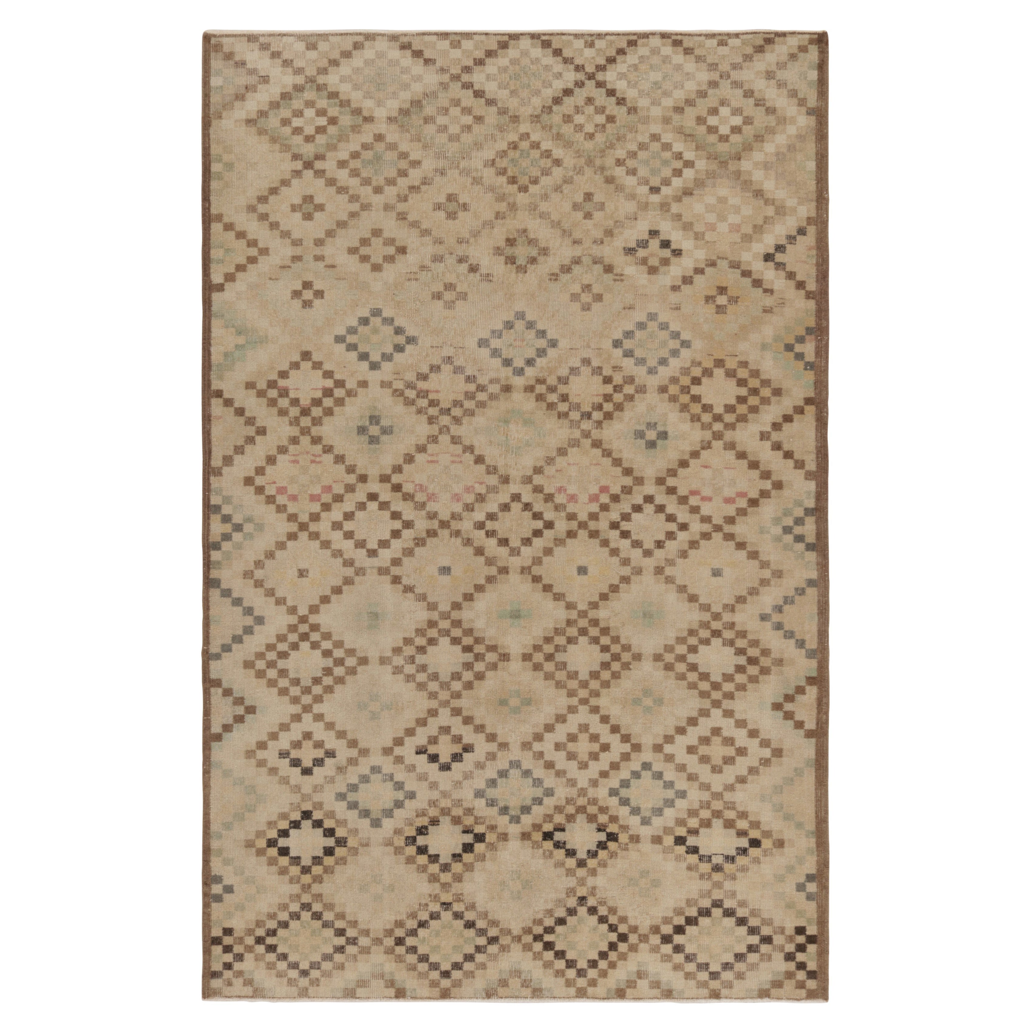 Vintage Turkish Rug in Beige-Brown and Cream Diamond Medallions  - Rug & Kilim For Sale