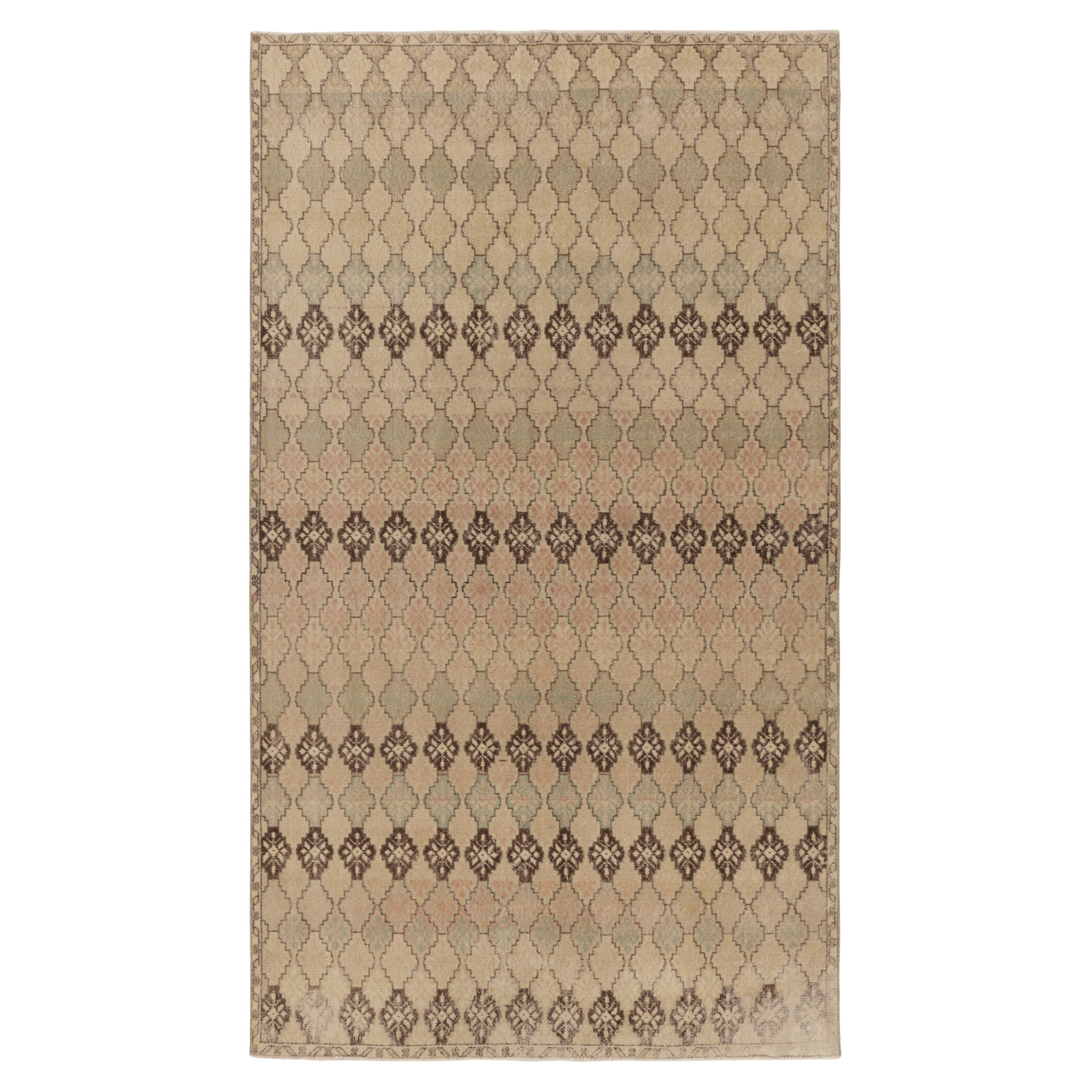 Vintage Turkish Rug in Beige-Brown with Geometric Patterns  - Rug & Kilim