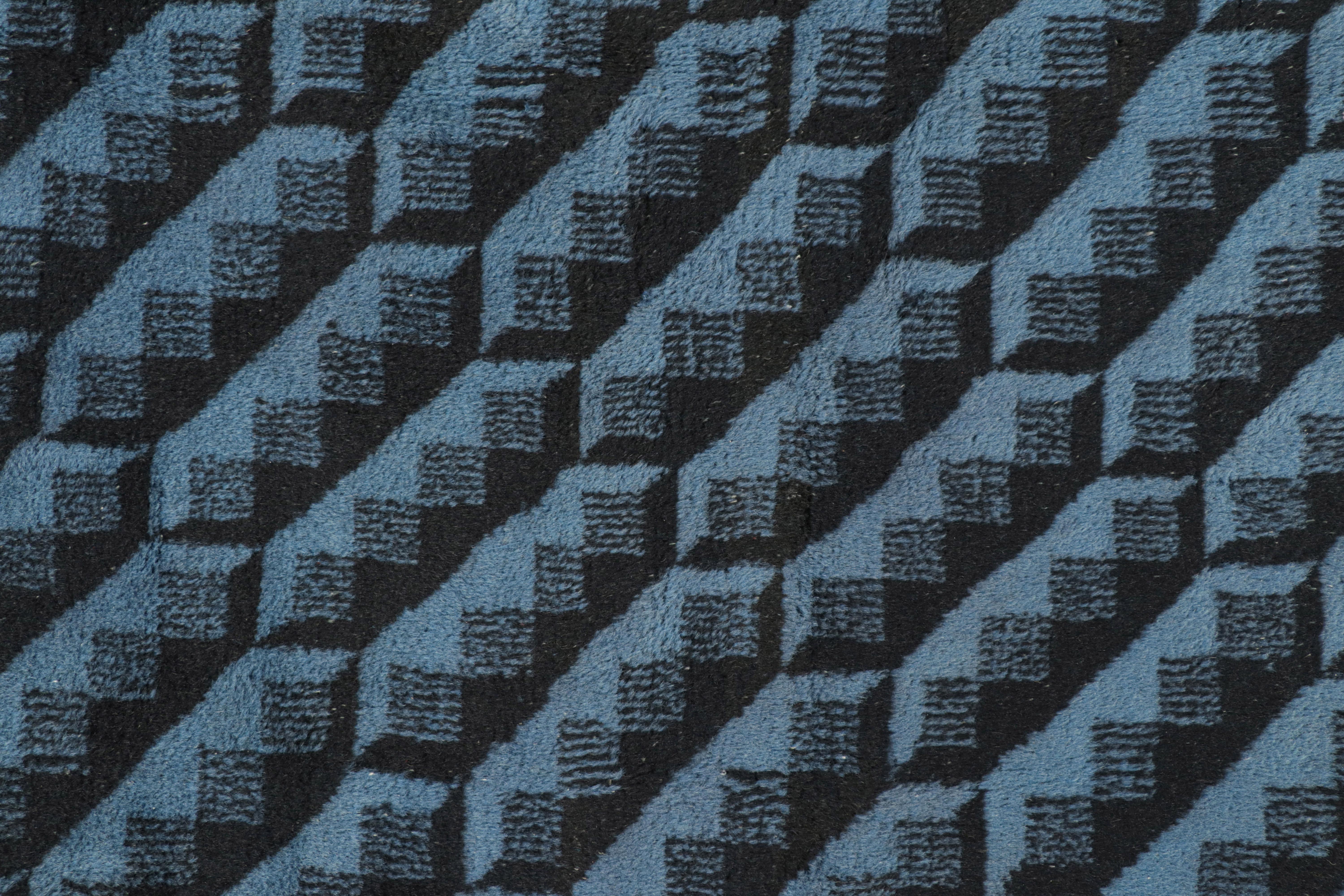 Hand-Knotted Vintage Turkish Rug in Blue and Black Geometric Patterns, from Rug & Kilim For Sale