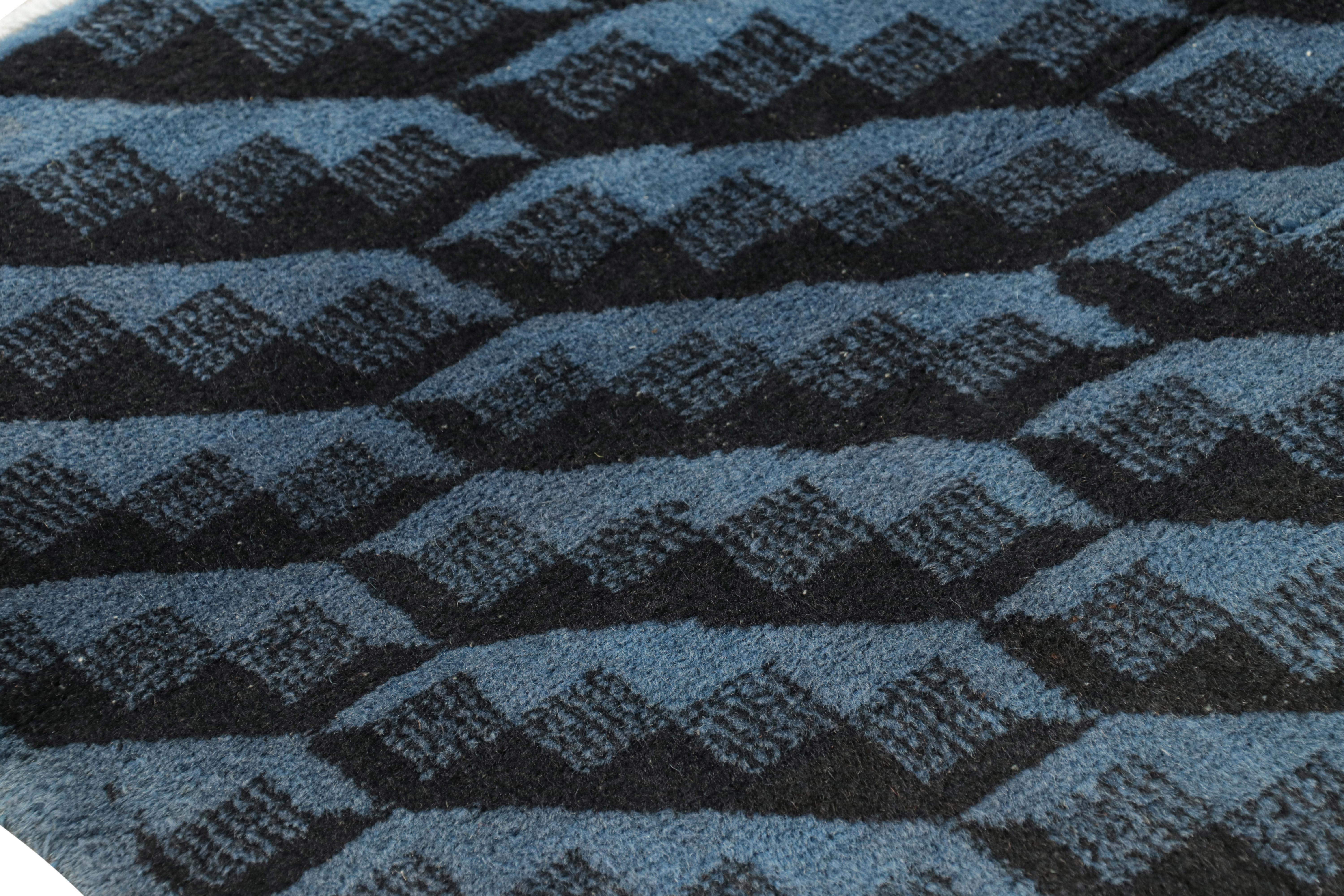 Wool Vintage Turkish Rug in Blue and Black Geometric Patterns, from Rug & Kilim For Sale