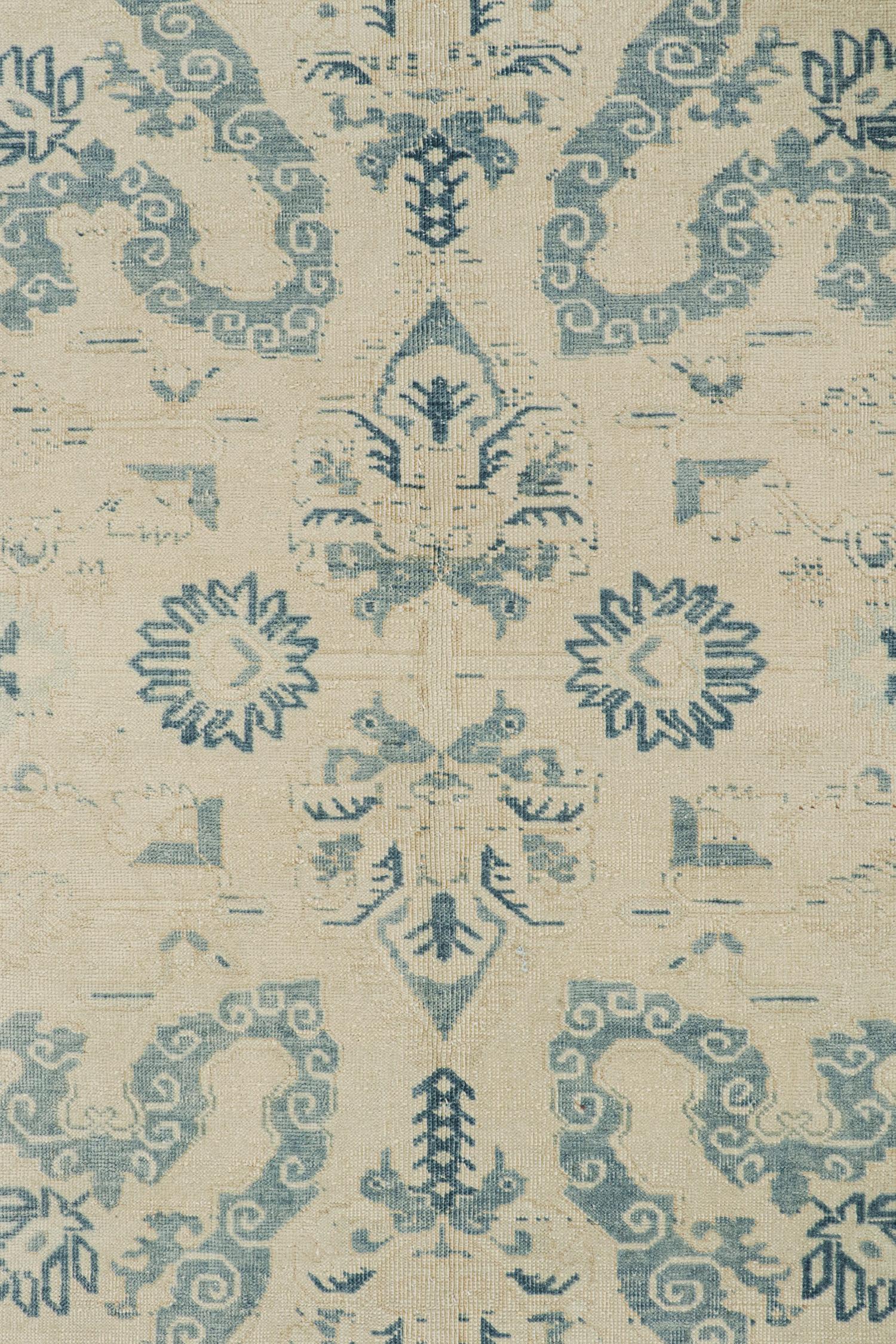 Mid-20th Century Vintage Turkish Rug in Blue with Beige Floral Pattern by Rug & Kilim For Sale