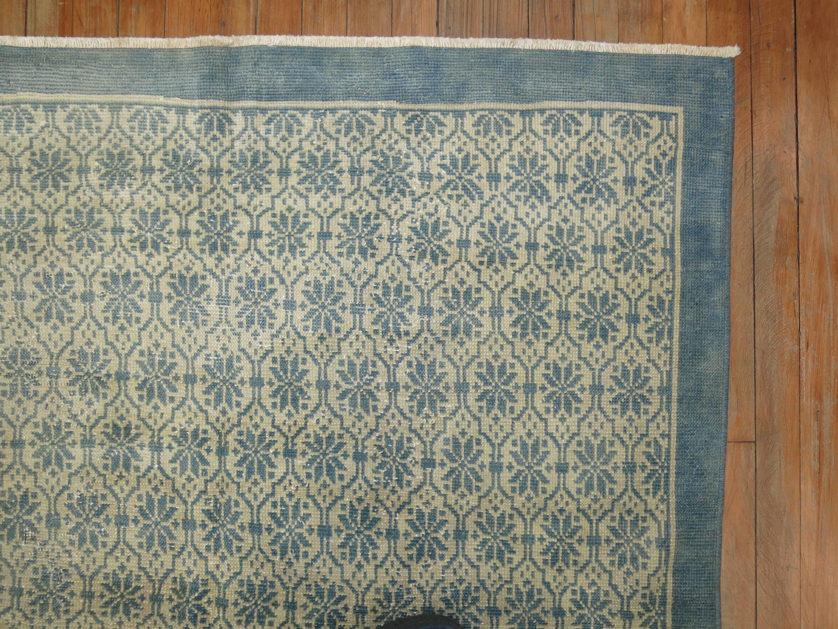 Scandinavian Modern Vintage Turkish Rug in Clear Blues and White