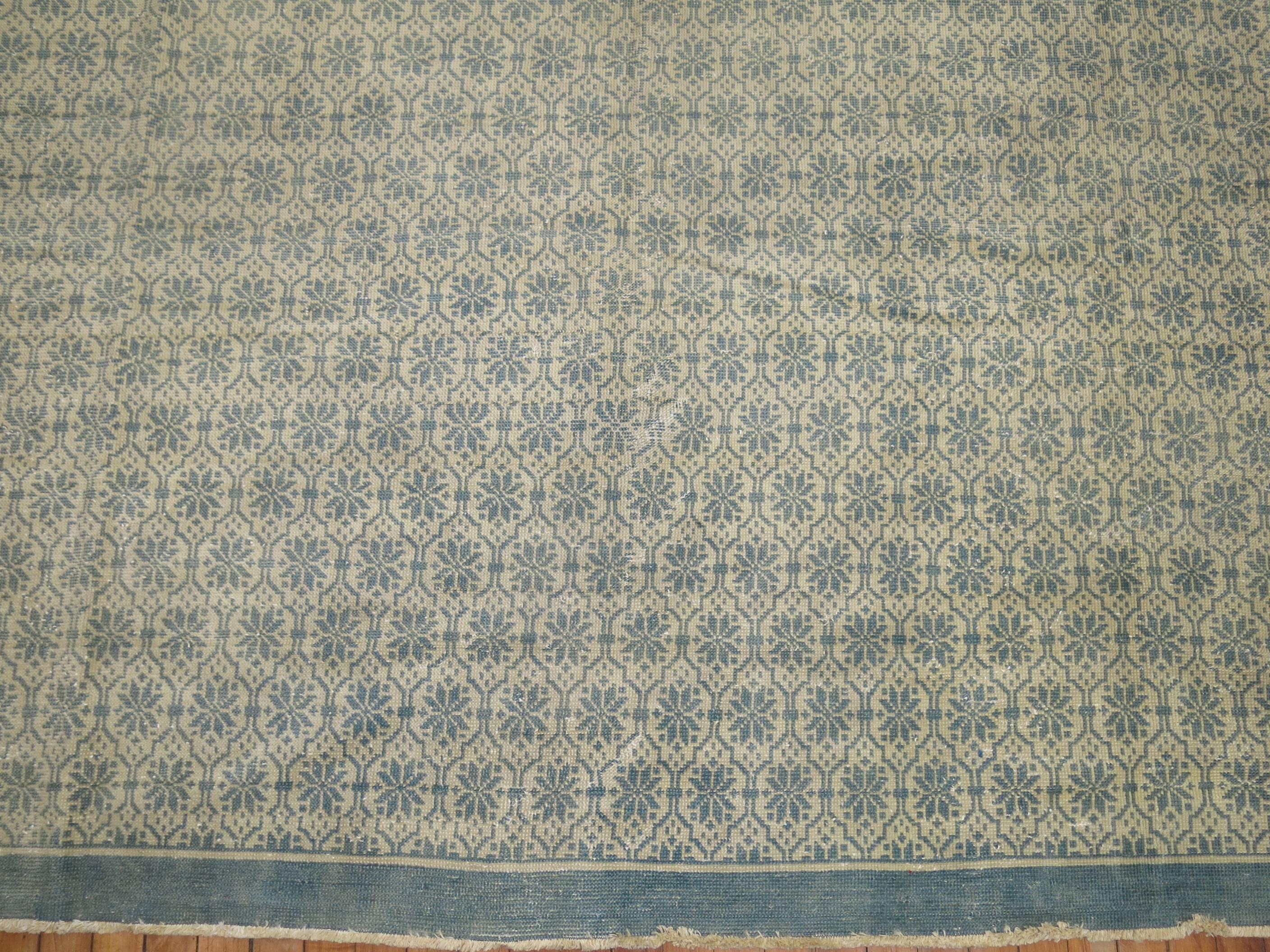 Wool Vintage Turkish Rug in Clear Blues and White