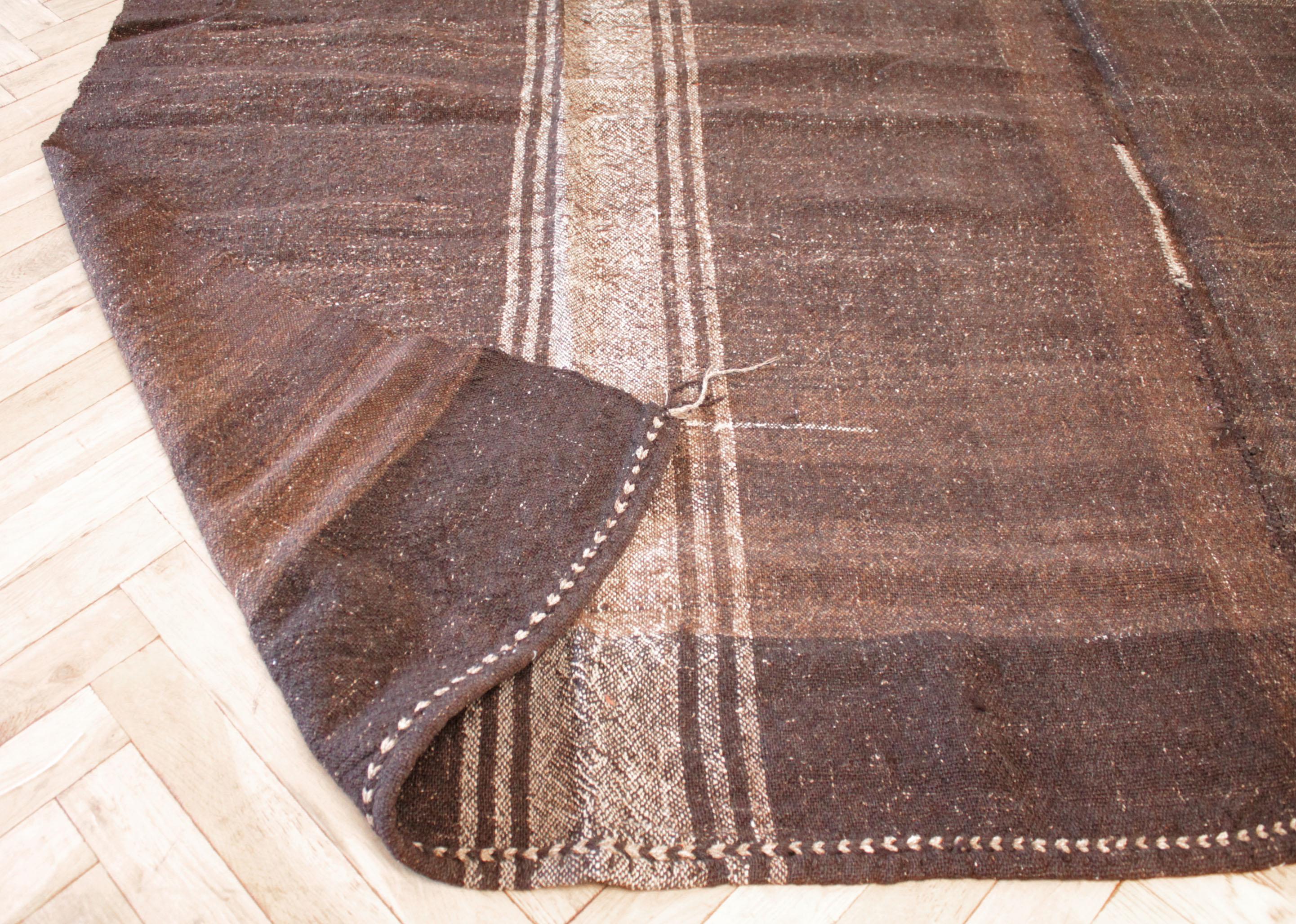 Minimalist Vintage Turkish Rug in Cocoa Brown and Light Natural Stripes Double Wide For Sale