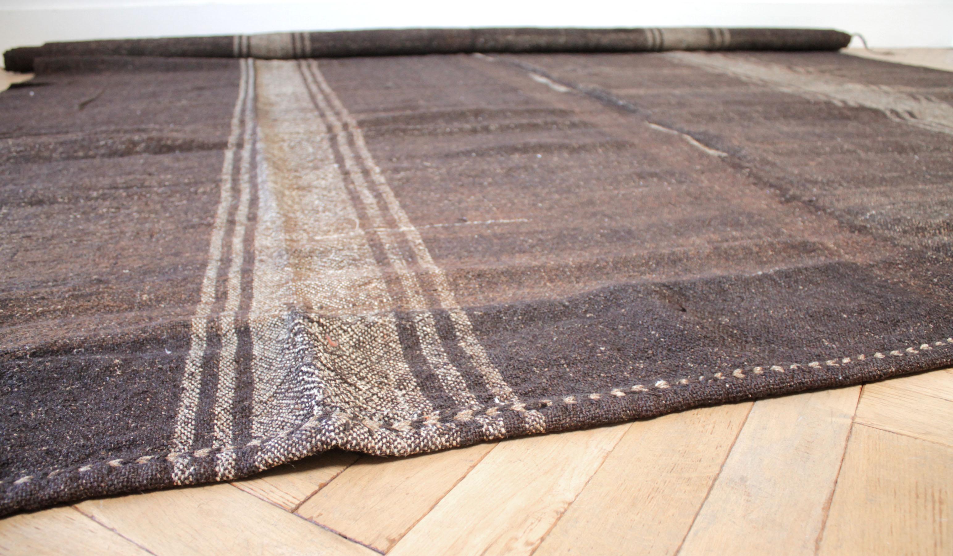 Vintage Turkish Rug in Cocoa Brown and Light Natural Stripes Double Wide In Good Condition For Sale In Brea, CA