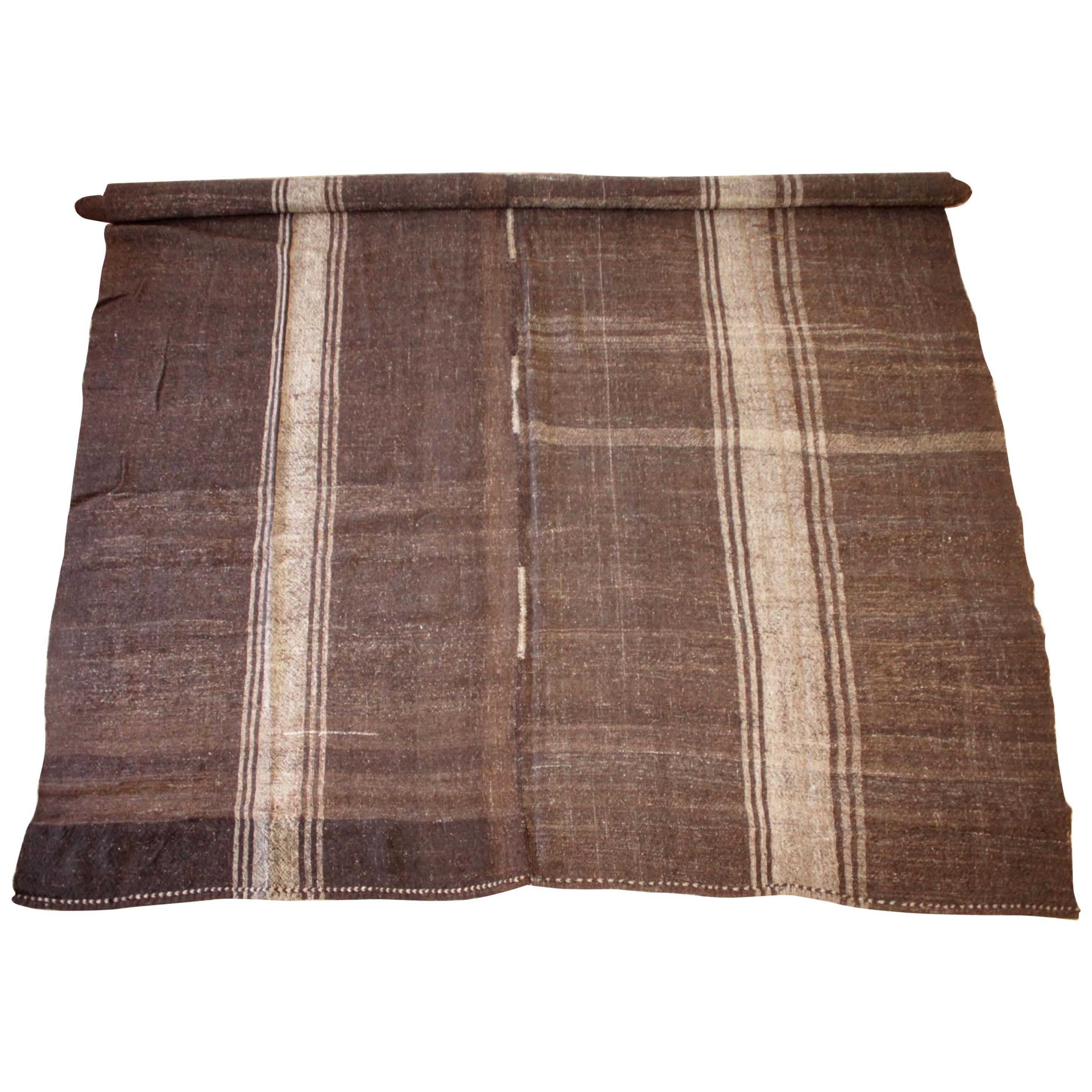 Vintage Turkish Rug in Cocoa Brown and Light Natural Stripes Double Wide For Sale