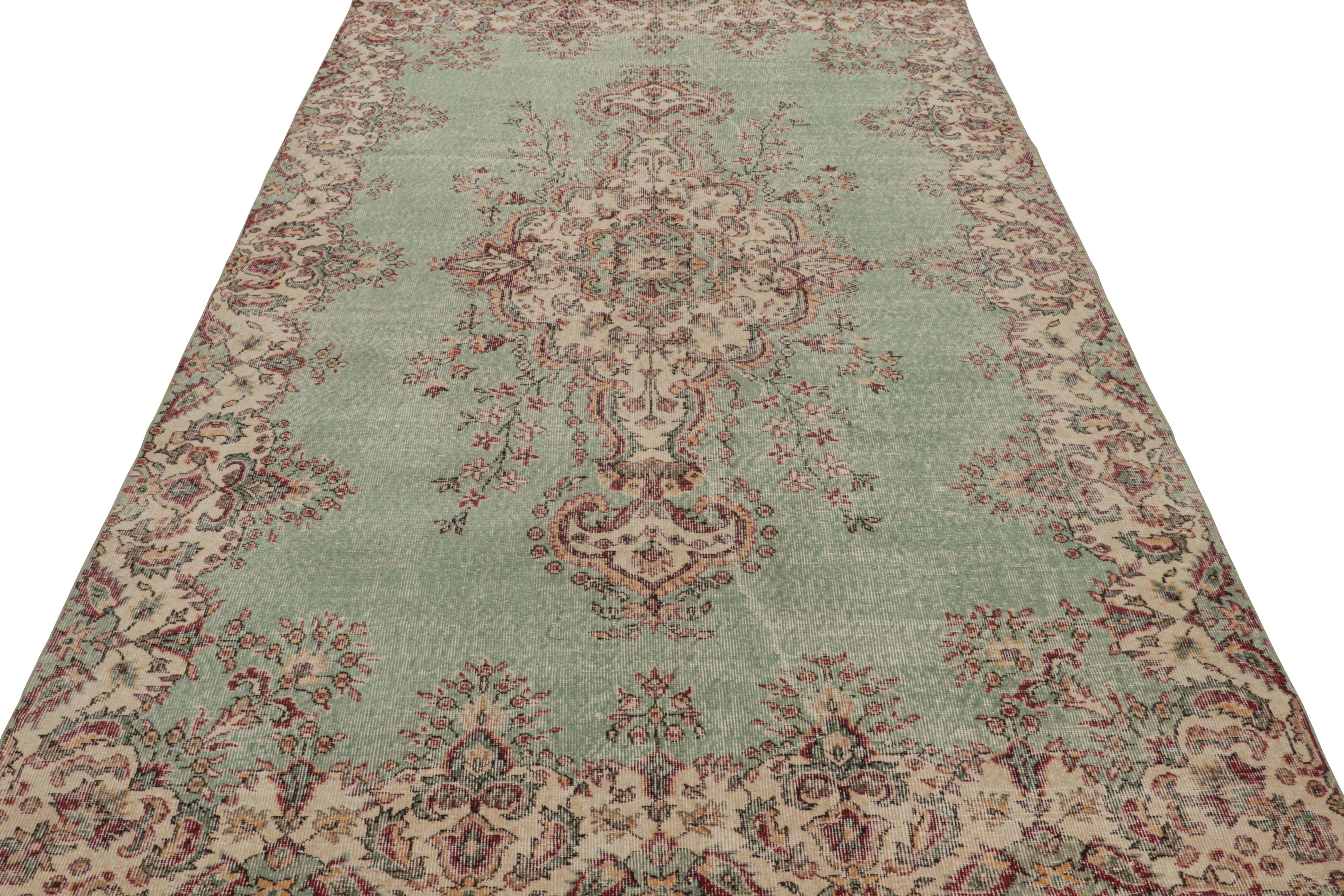 Hand-Knotted Vintage Turkish Rug in Green with Beige Floral Medallion, from Rug & Kilim For Sale