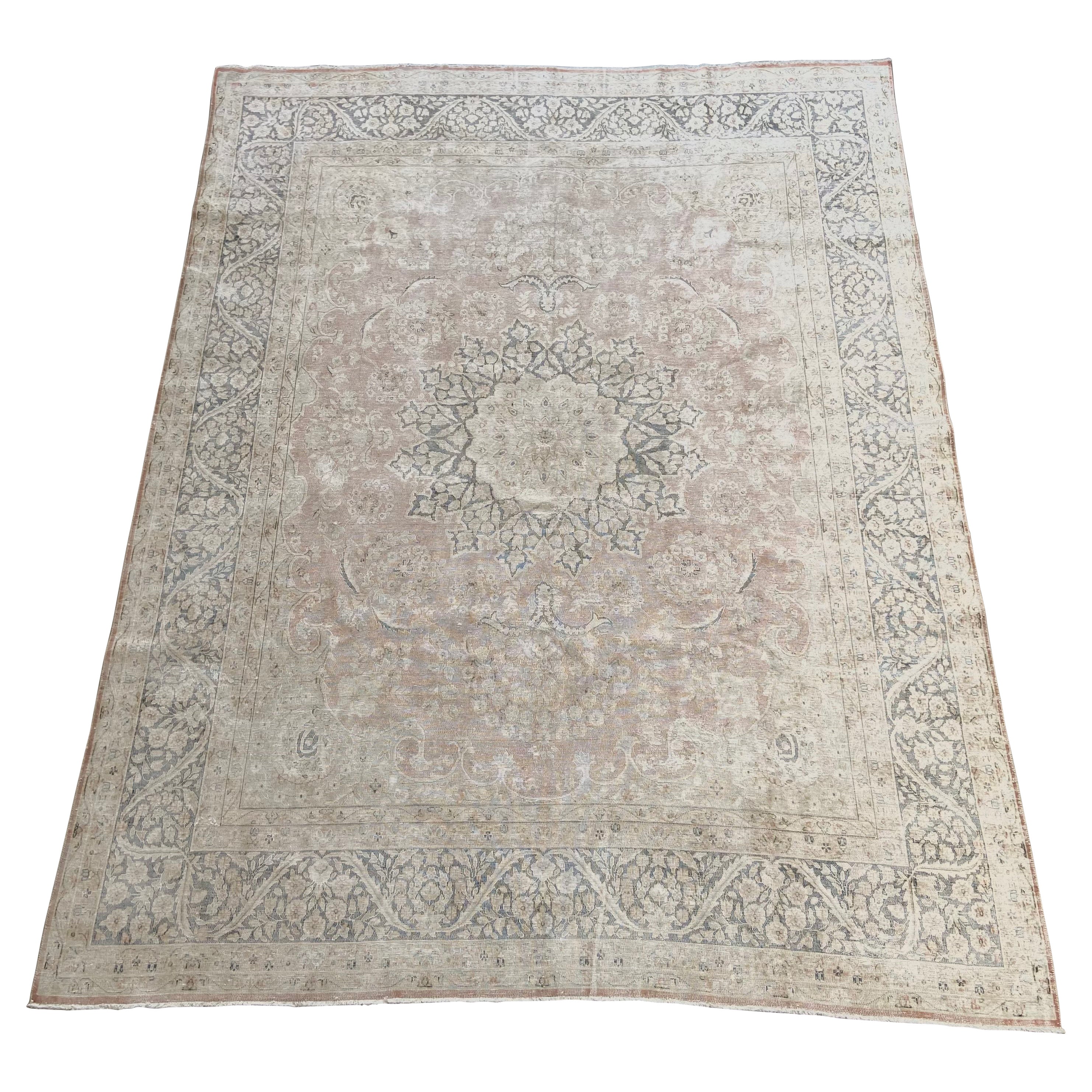 Tapis turc vintage en rouille et tons bleus, taille de pièce