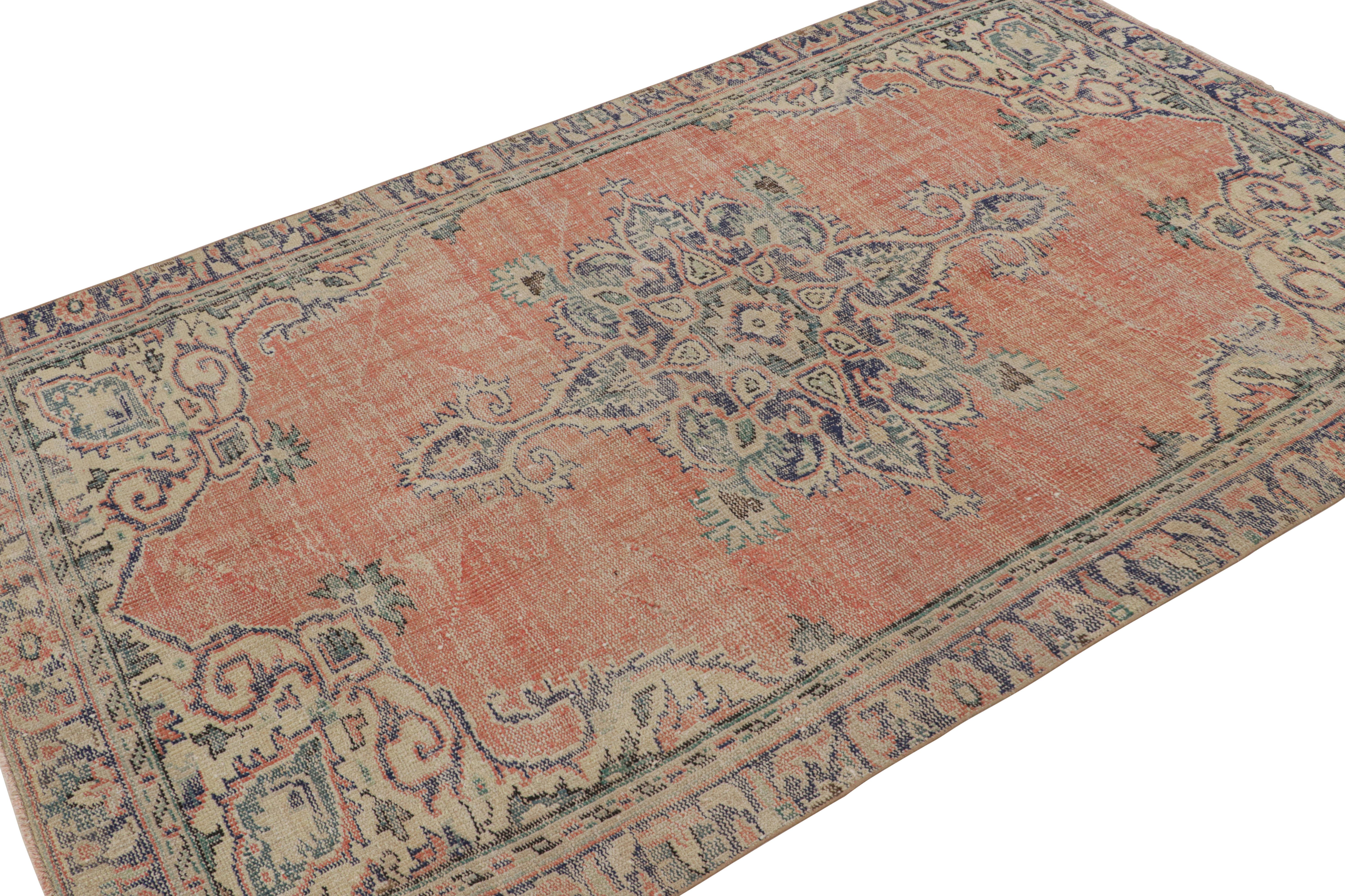Handknotted in wool, this 5x8 vintage rug originates from Turkey, circa 1960-1970—possibly among the works of Zeki Müren. 

On the Design:

This vintage rug is inspired by traditional Oriental rugs, with a particular similarity to Persian rugs of