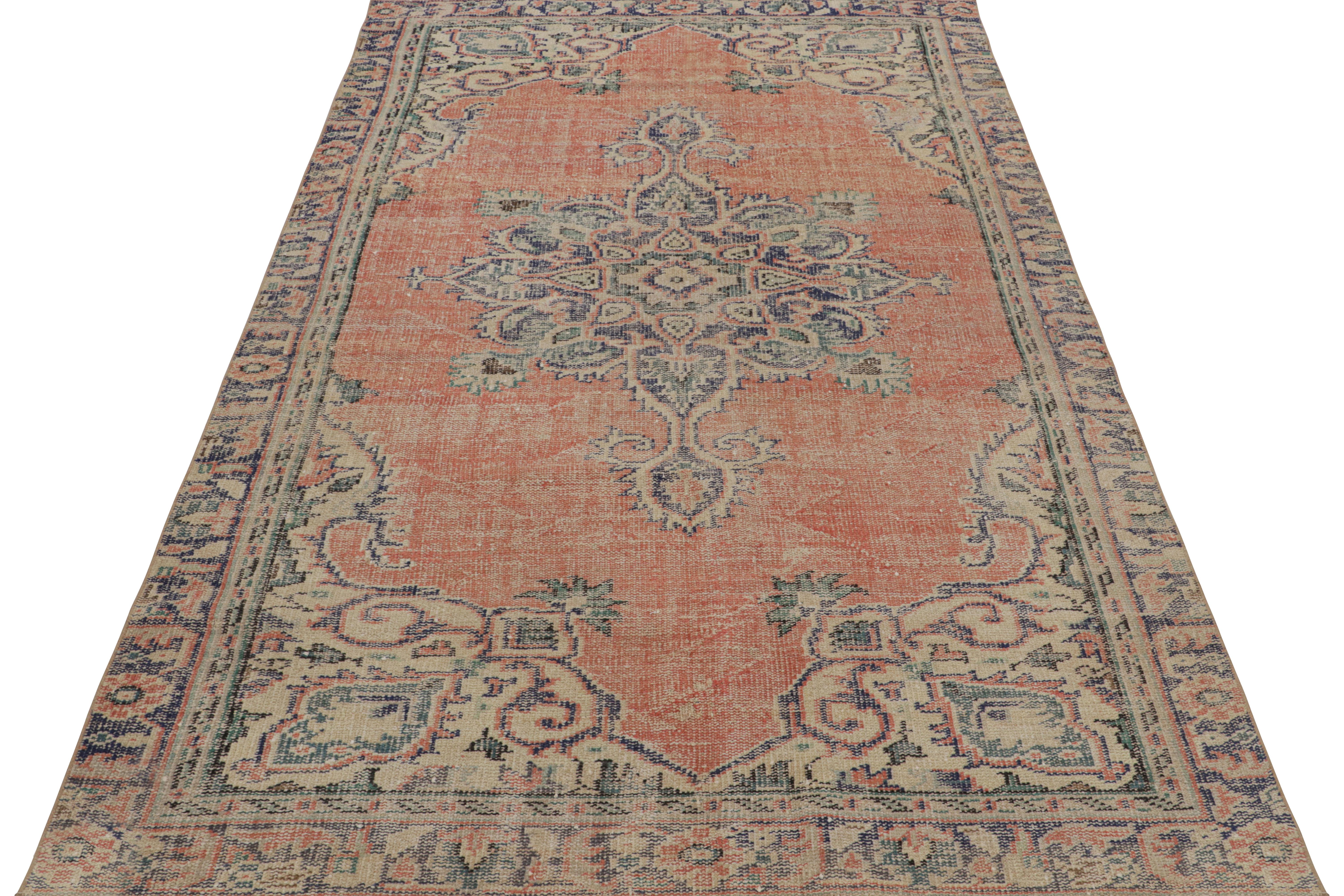 Hand-Knotted Vintage Turkish Rug in Salmon Red with Floral Medallion, from Rug & Kilim For Sale