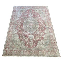 Vintage Turkish Rug in Taupe Tan Red and Pink Tones