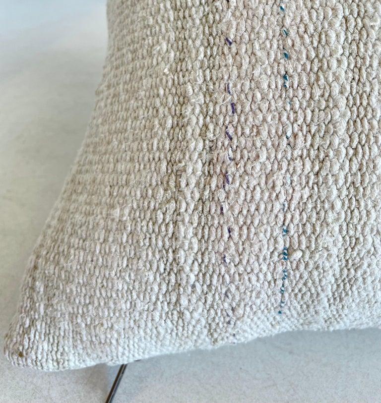 20th Century Vintage Turkish Rug Long Lumbar Pillow in White and Blush Stripe For Sale