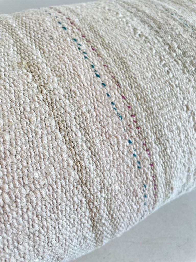 Cotton Vintage Turkish Rug Long Lumbar Pillow in White and Blush Stripe For Sale