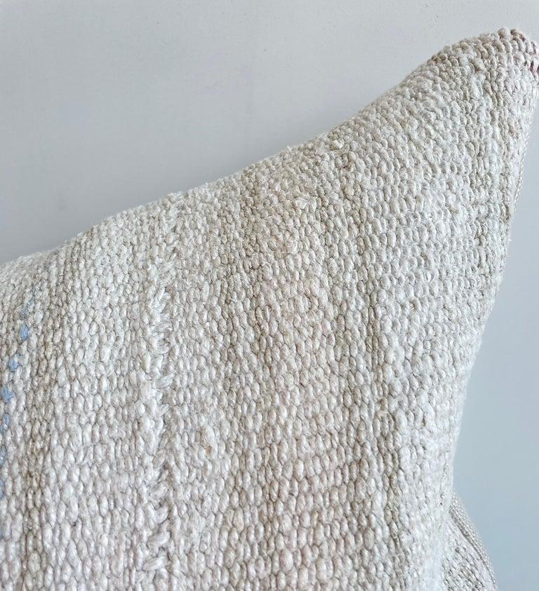 Vintage Turkish Rug Long Lumbar Pillow in White and Blush Stripe For Sale 1