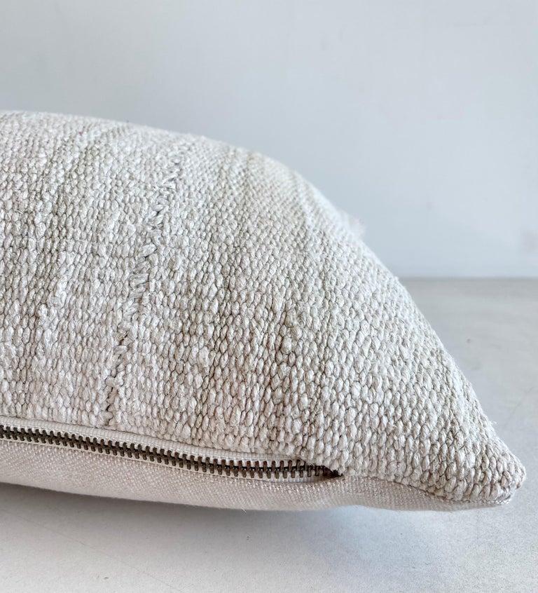Vintage Turkish Rug Long Lumbar Pillow in White and Blush Stripe For Sale 2