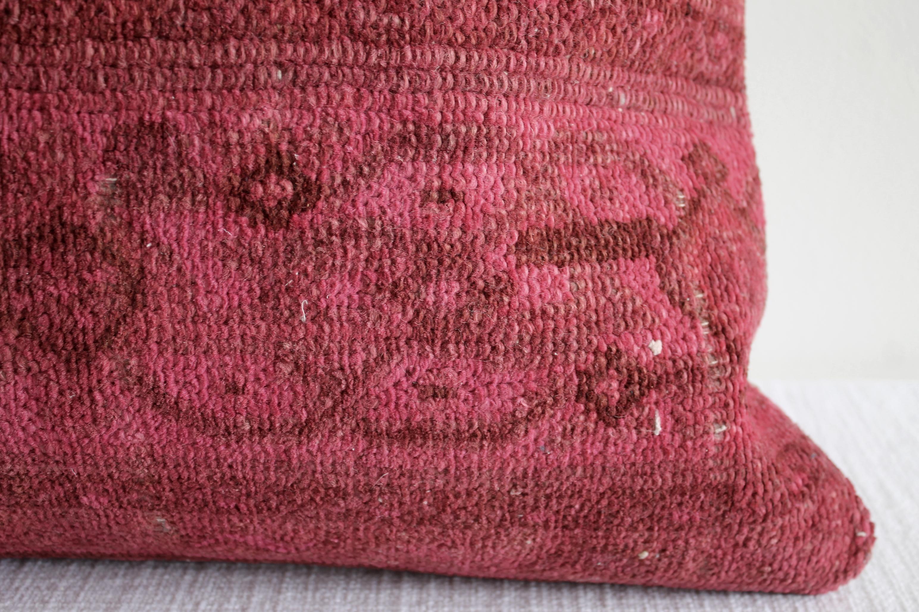 Wool Vintage Turkish Rug Pillow in Pink and Red