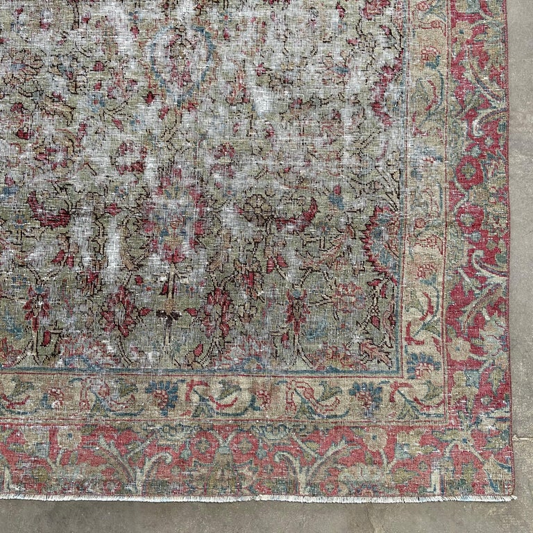 Vintage Turkish Rug with Faded Red and Moss Colors For Sale at 1stDibs
