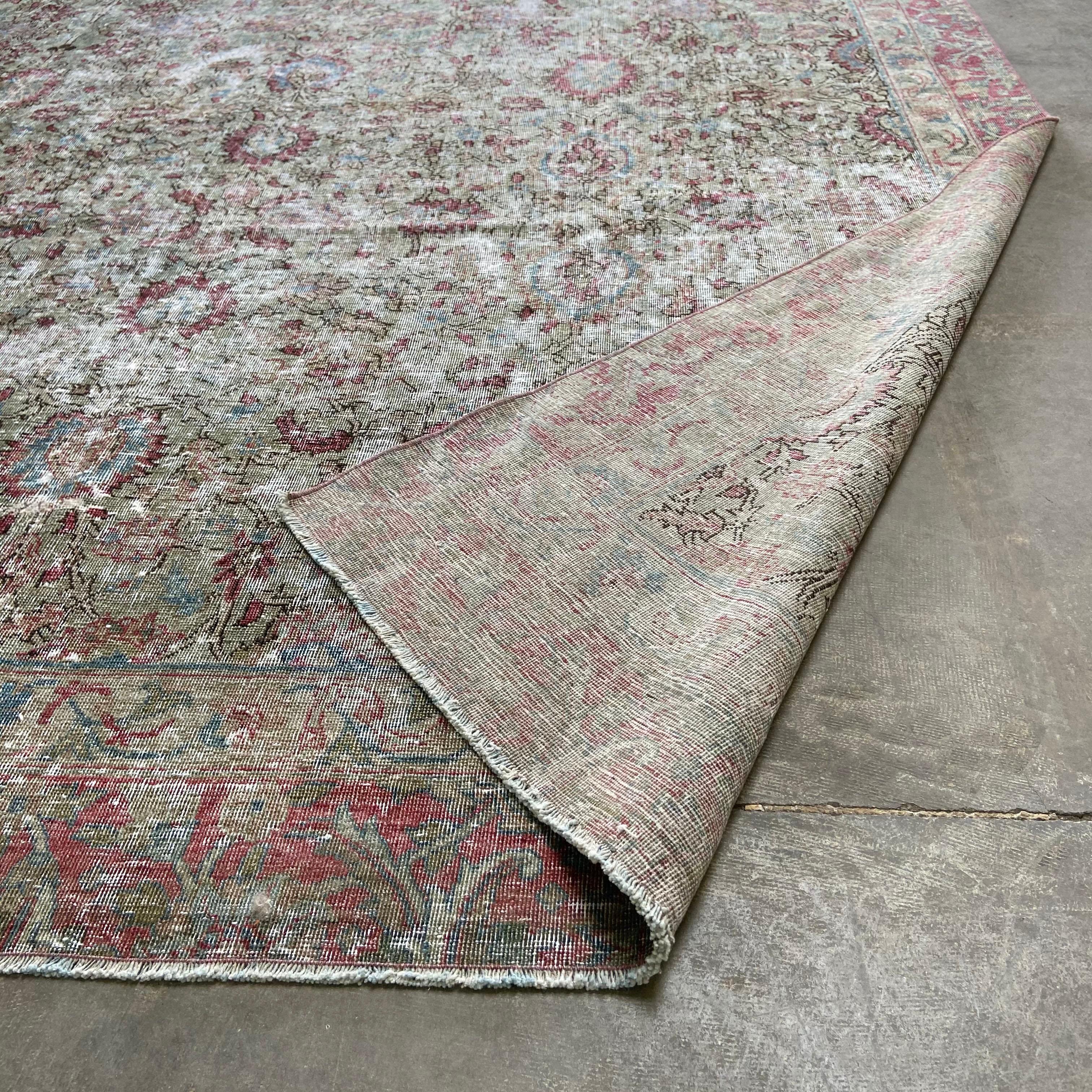 Vintage Turkish Rug with Faded Red and Moss Colors In Good Condition For Sale In Brea, CA