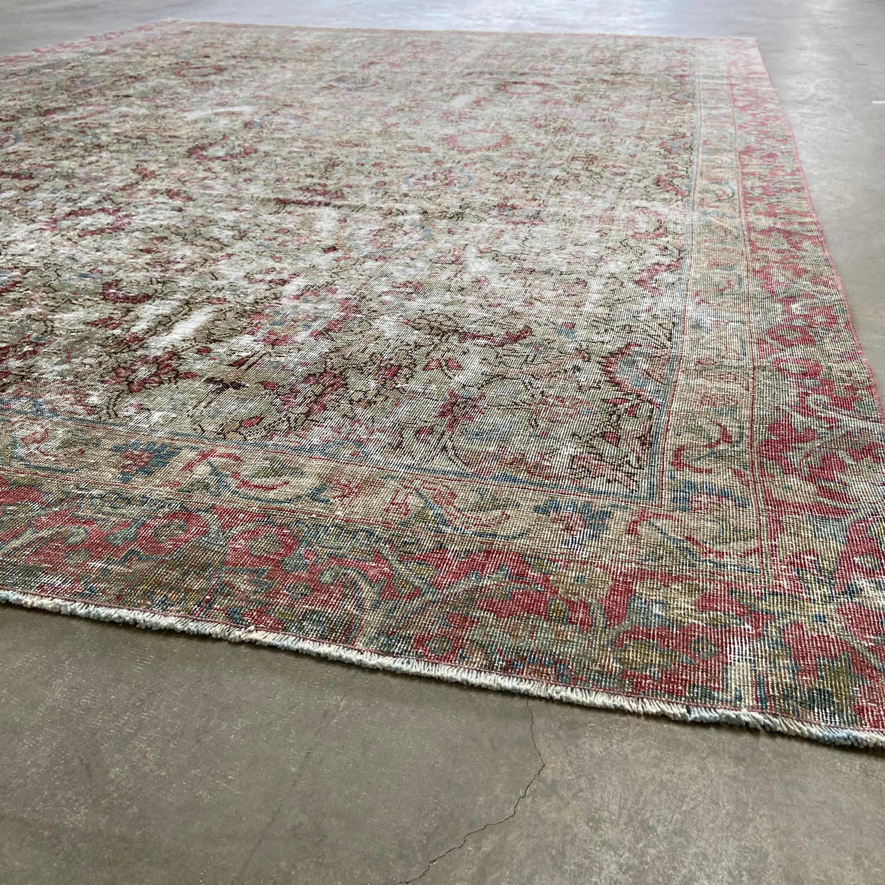 Wool Vintage Turkish Rug with Faded Red and Moss Colors For Sale